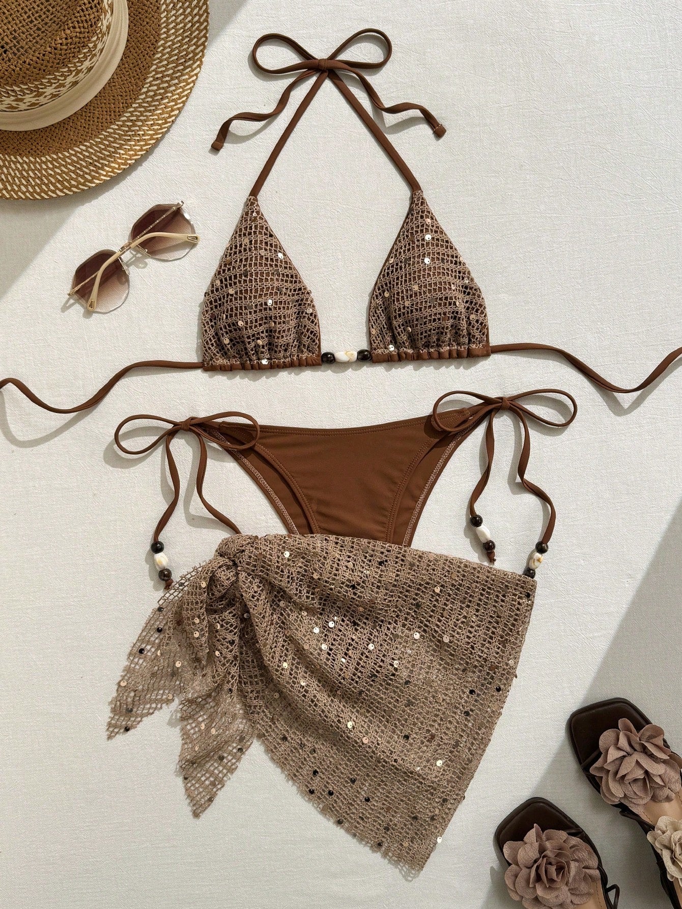 Swim Vcay 3pcs/Set Spaghetti Strap Halter Bikini,Beaded Sequin Fabric,Tie Side Swim Bottoms,Mini Skirt - image 18