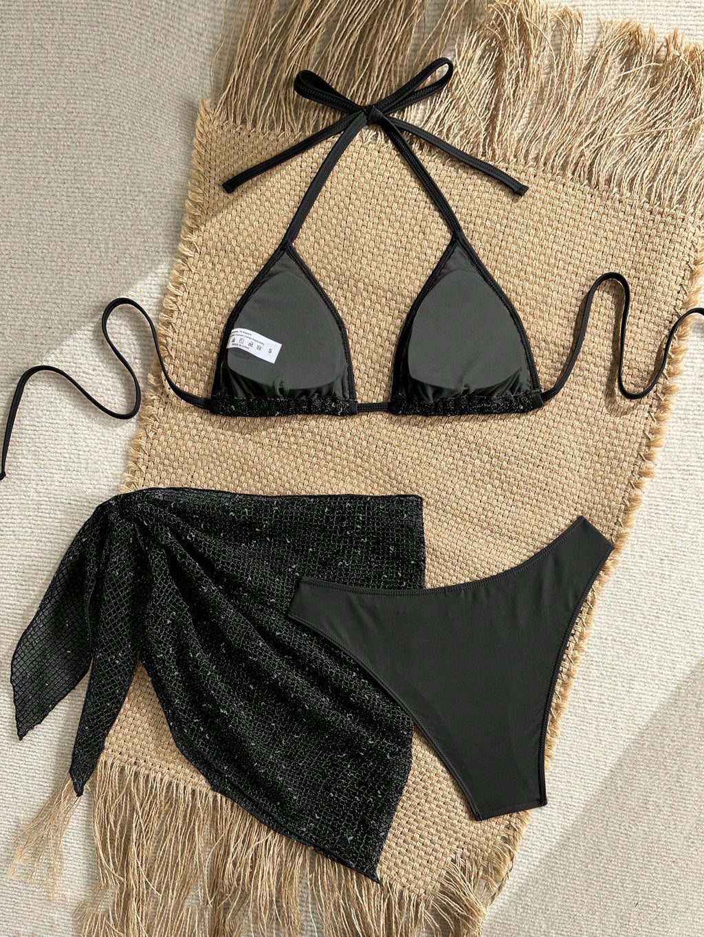 Swim SXY Women's 3-Piece Sequin Bikini Set With Cover Up,Glitter Net