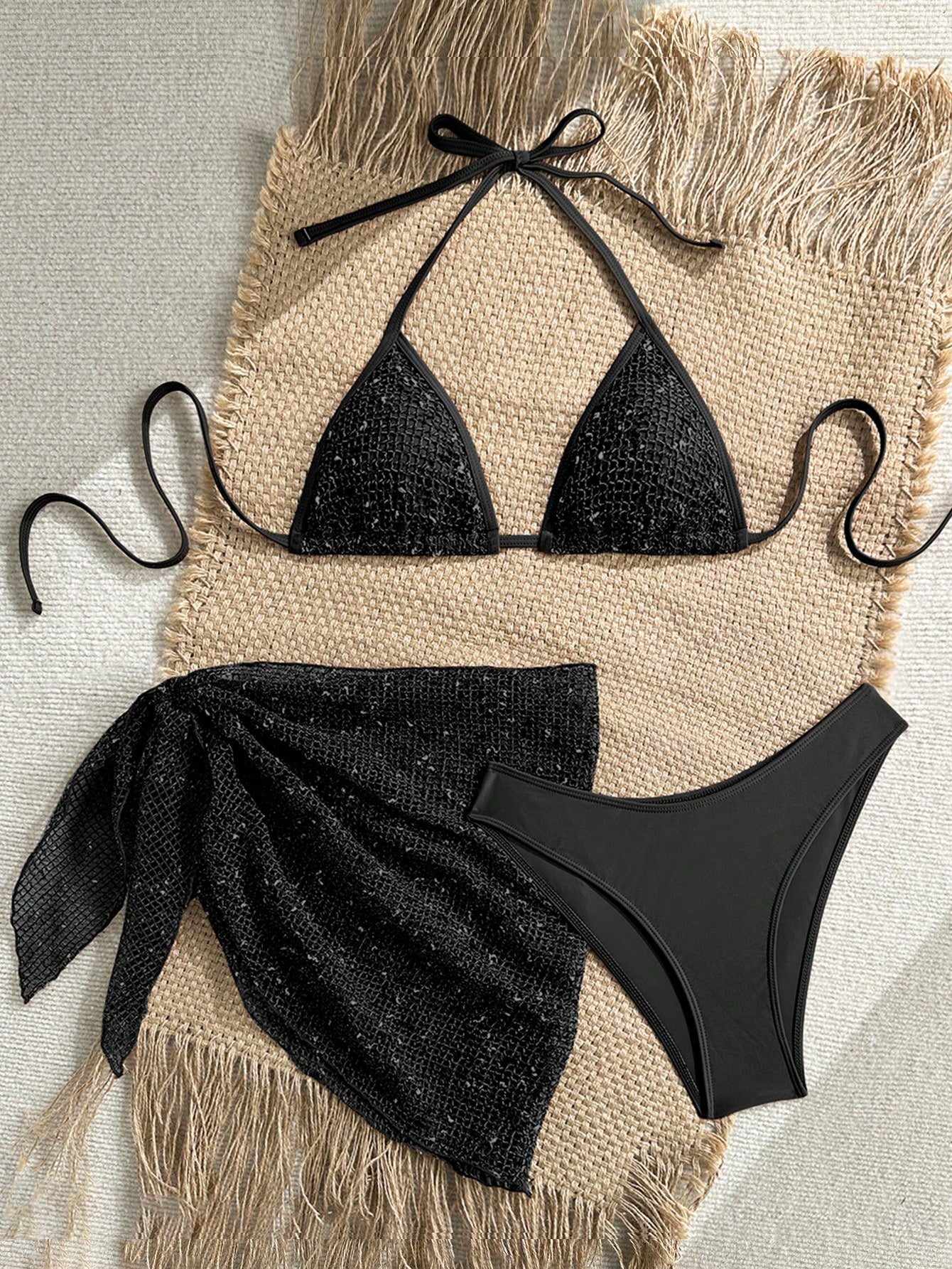 Swim SXY Women's 3-Piece Sequin Bikini Set With Cover Up,Glitter Net