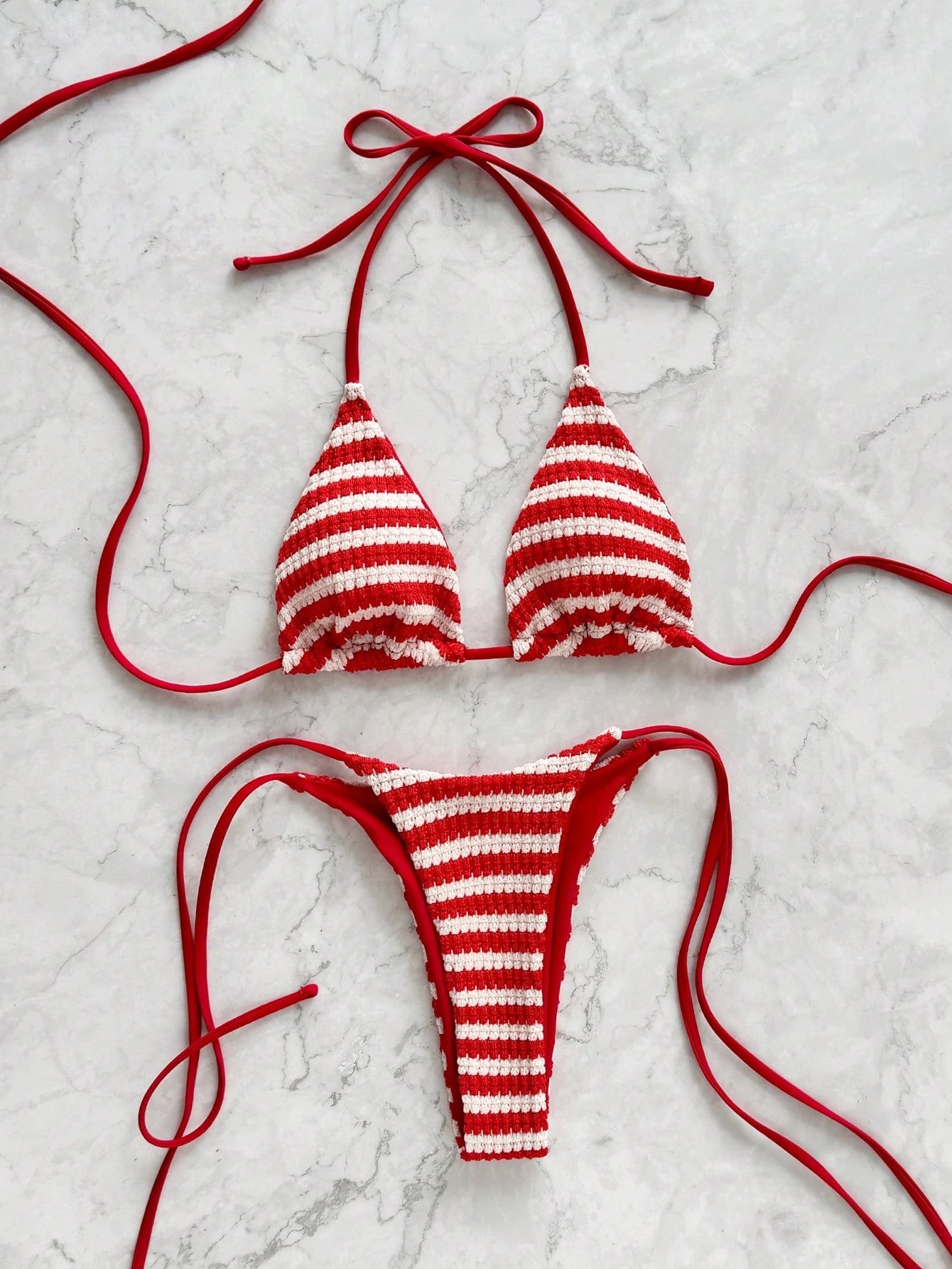 2pcs/Set Women's Sexy Backless Bikini Set, Black & White Striped Triangle Top With Halter Neck Design, - image 14