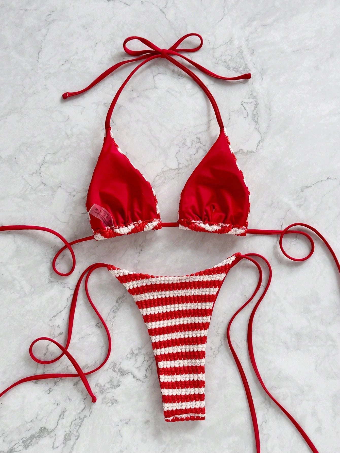 2pcs/Set Women's Sexy Backless Bikini Set, Black & White Striped Triangle Top With Halter Neck Design, - image 15