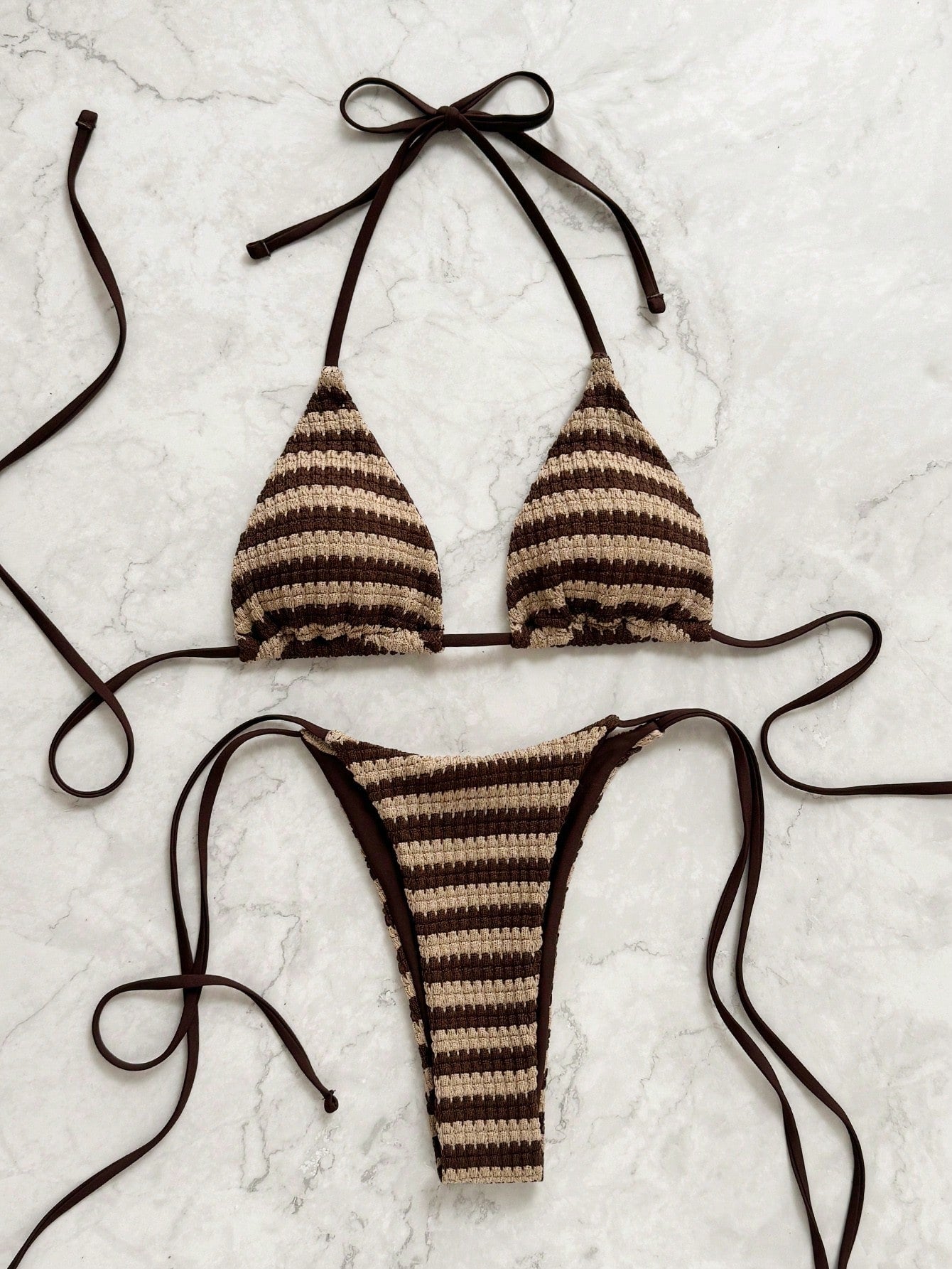 2pcs/Set Women's Sexy Backless Bikini Set, Black & White Striped Triangle Top With Halter Neck Design, - image 9