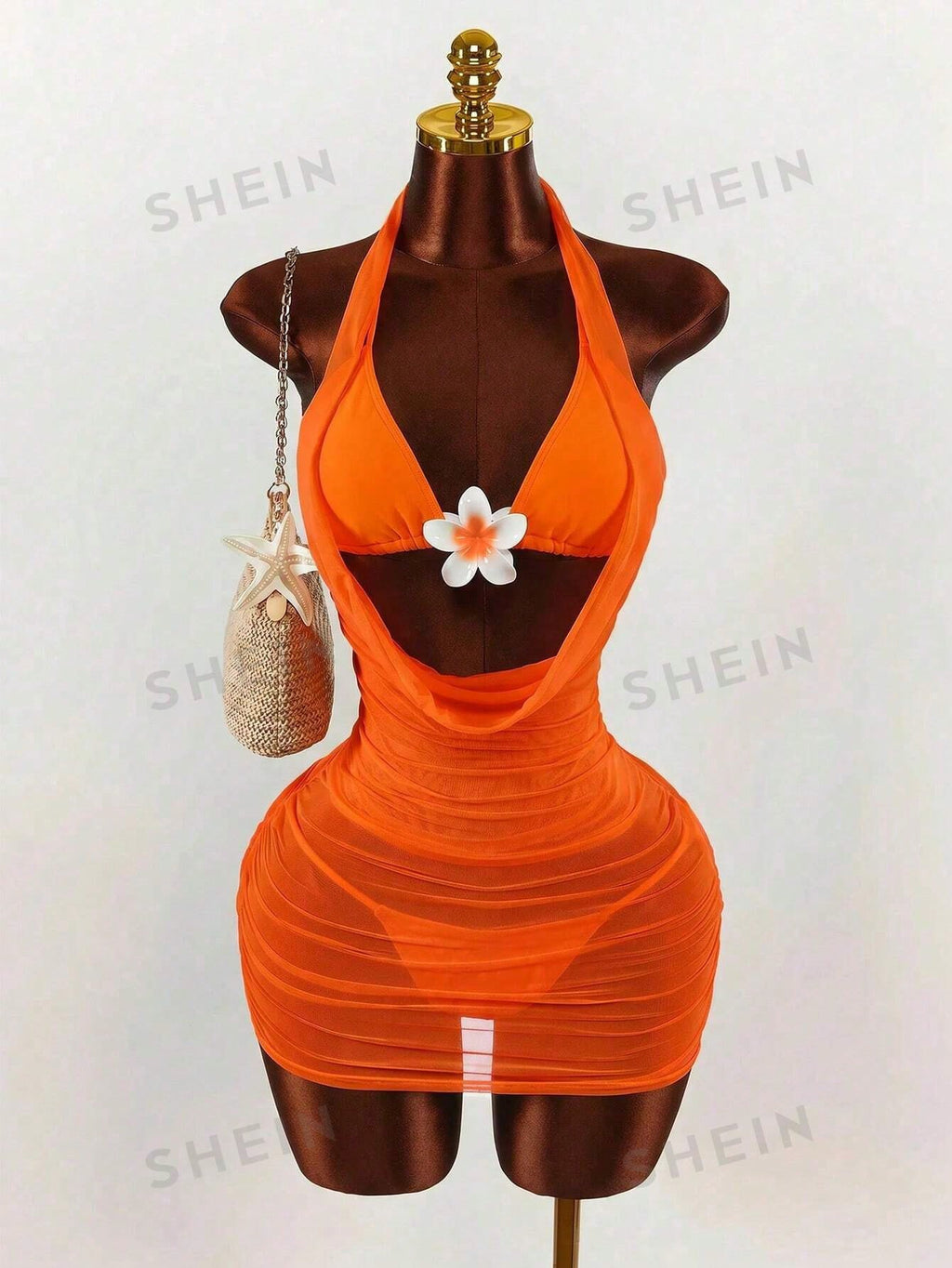 Amplova 3pcs Women's Swimwear Set, Draped Neck Cover Up With Includes Floral Fro