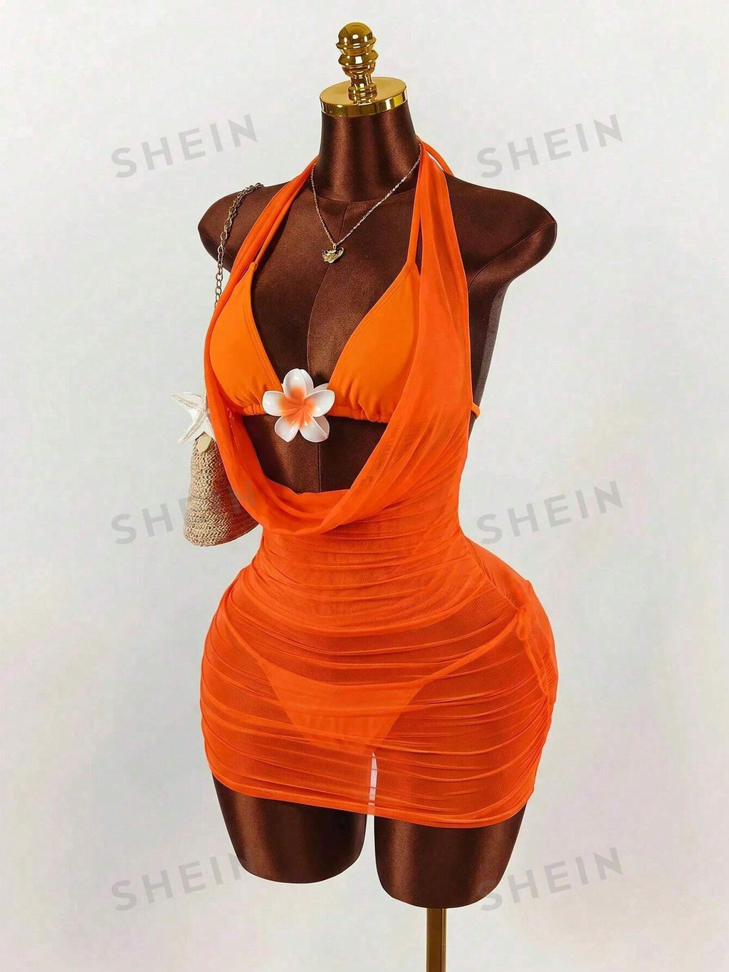 Amplova 3pcs Women's Swimwear Set, Draped Neck Cover Up With Includes Floral Fro