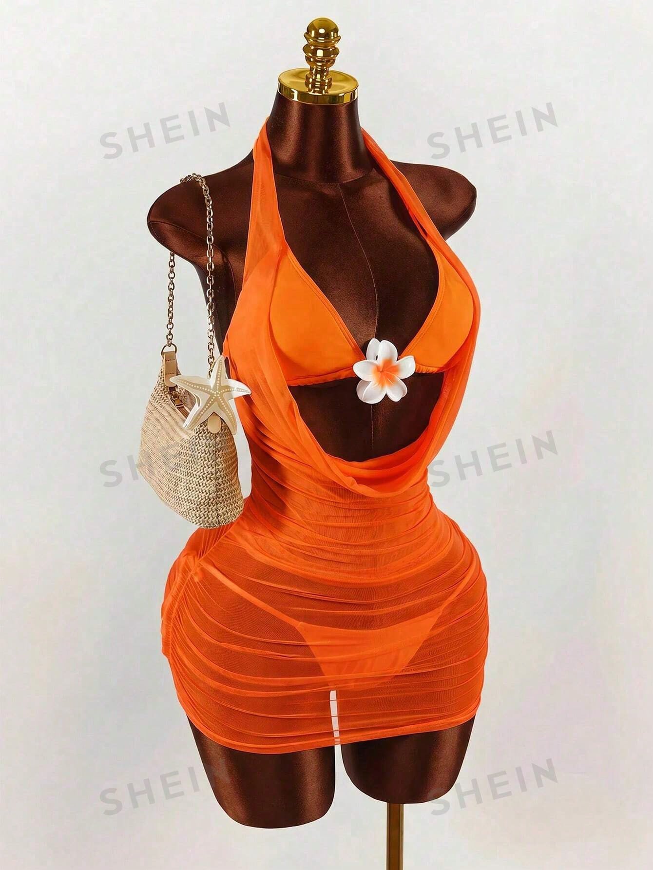 Amplova 3pcs Women's Swimwear Set, Draped Neck Cover Up With Includes Floral Fro
