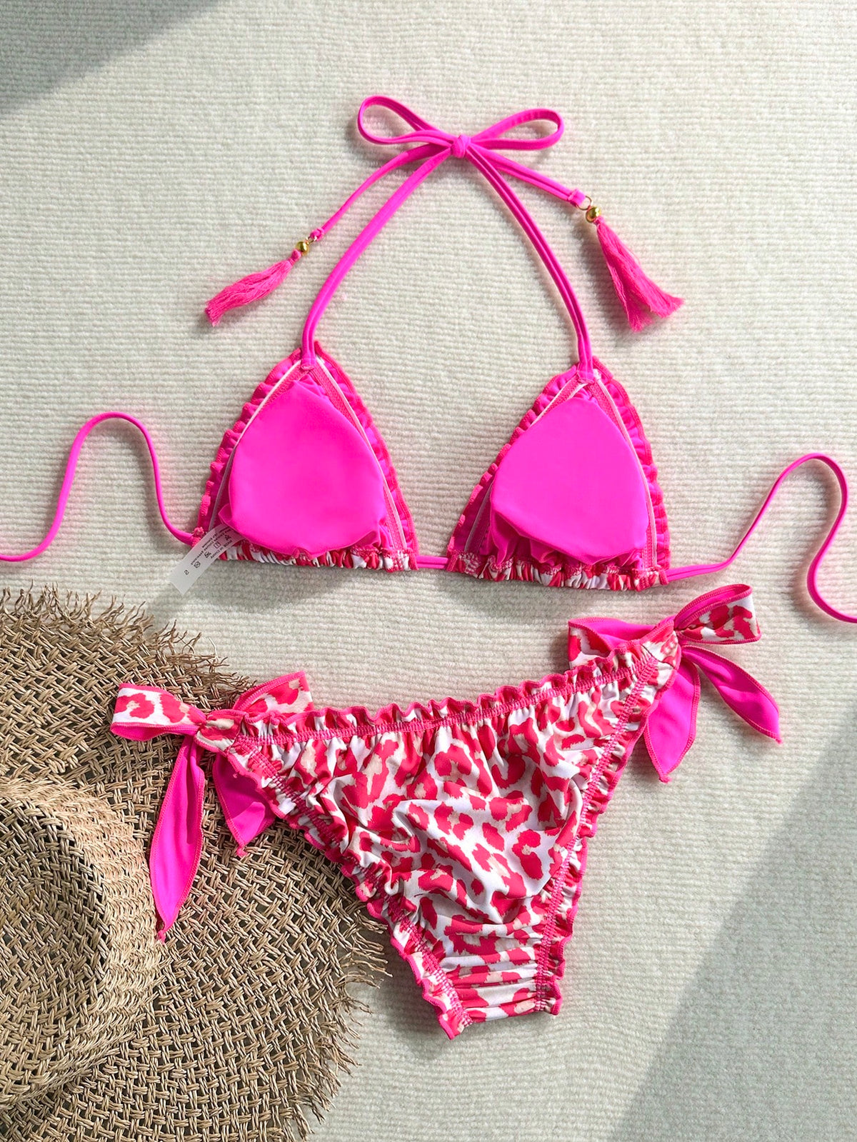Soleia Women's Retro Colorful Leopard, Zebra, Floral Print Frill Tie Front Tassel Decor Beach Bikini Set - image 19