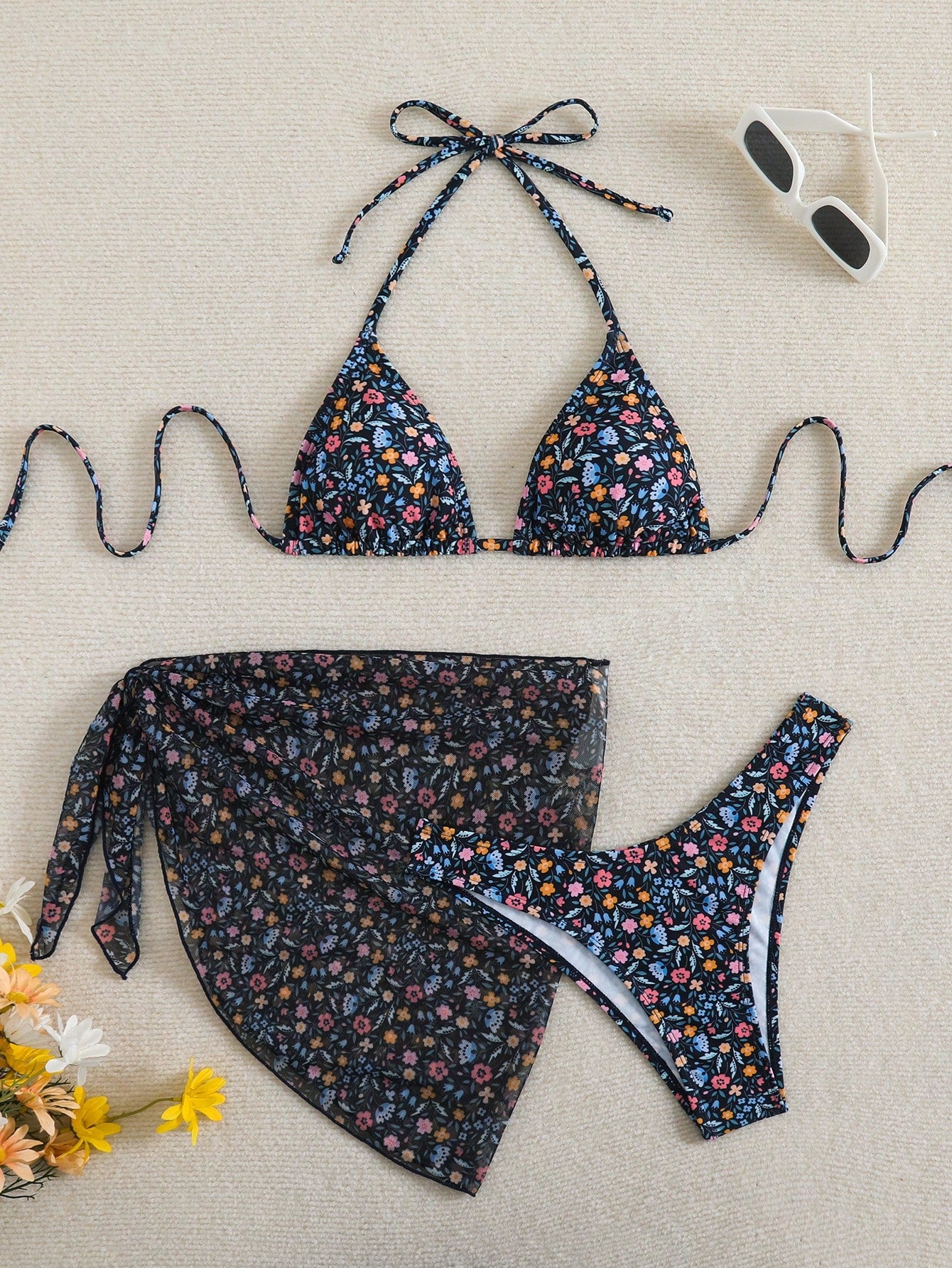 Swim Mod Women's Summer Beach Floral Print Halter Tie Sexy Bikini And