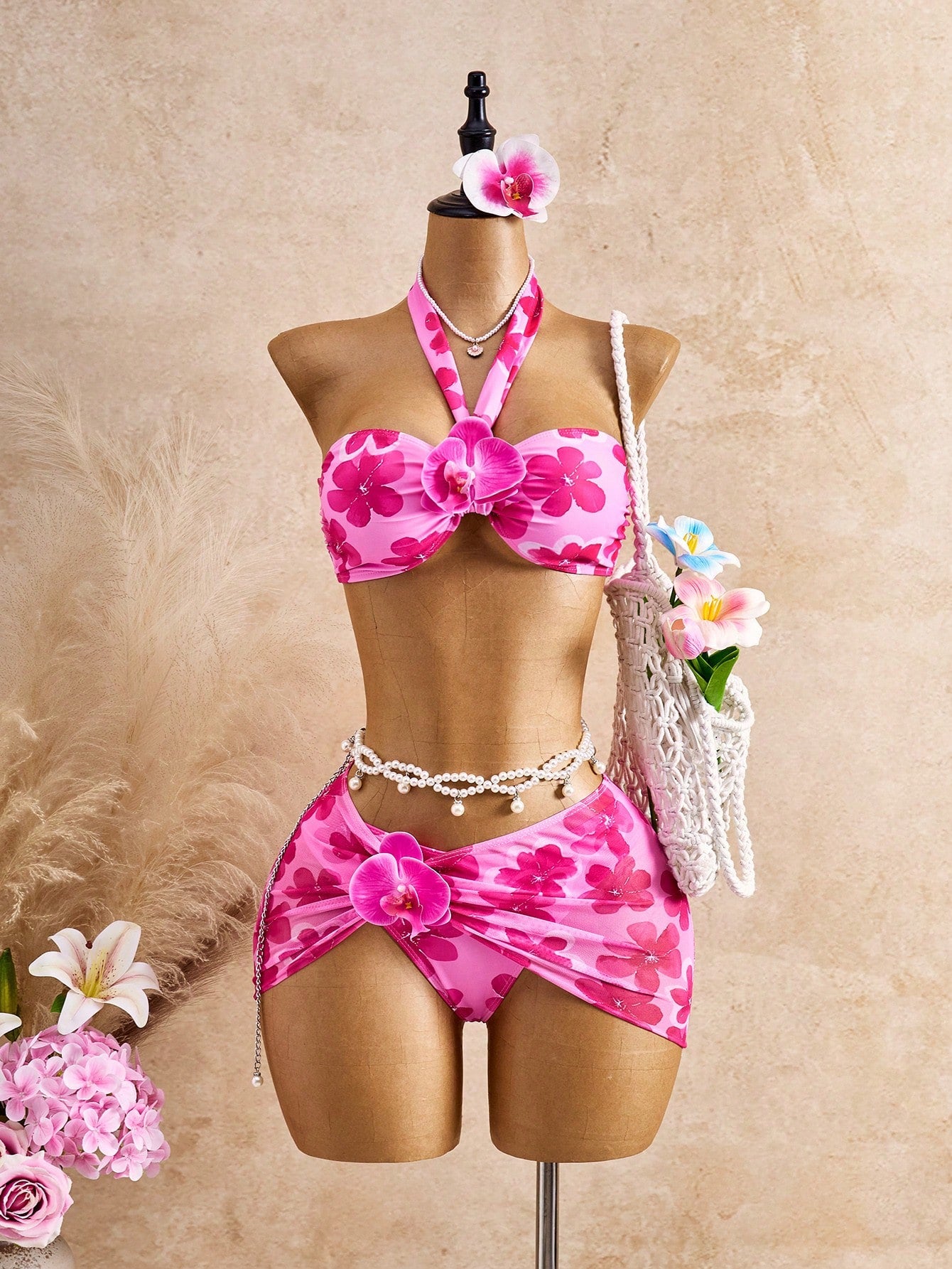 Bellisia Women's Beach Outfit, Yellow Tie-Dye Big Floral, 3-Piece Set With 3D Fl