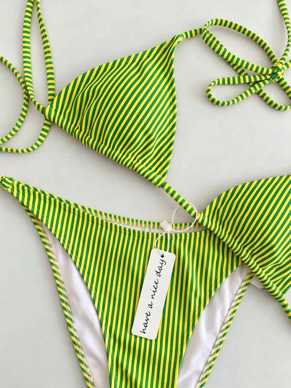 Retro Navy Blue & Black Striped Spaghetti Strap Tie Bikini Set, Sexy