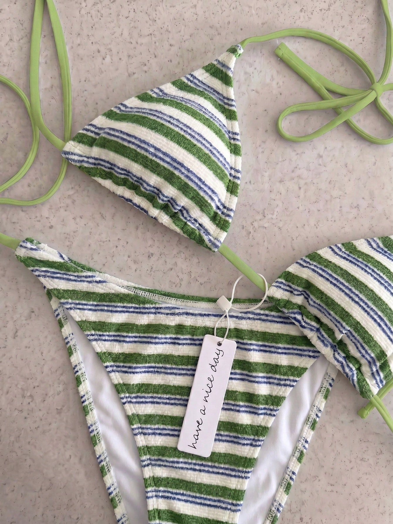 Retro Navy Blue & Black Striped Spaghetti Strap Tie Bikini Set, Sexy