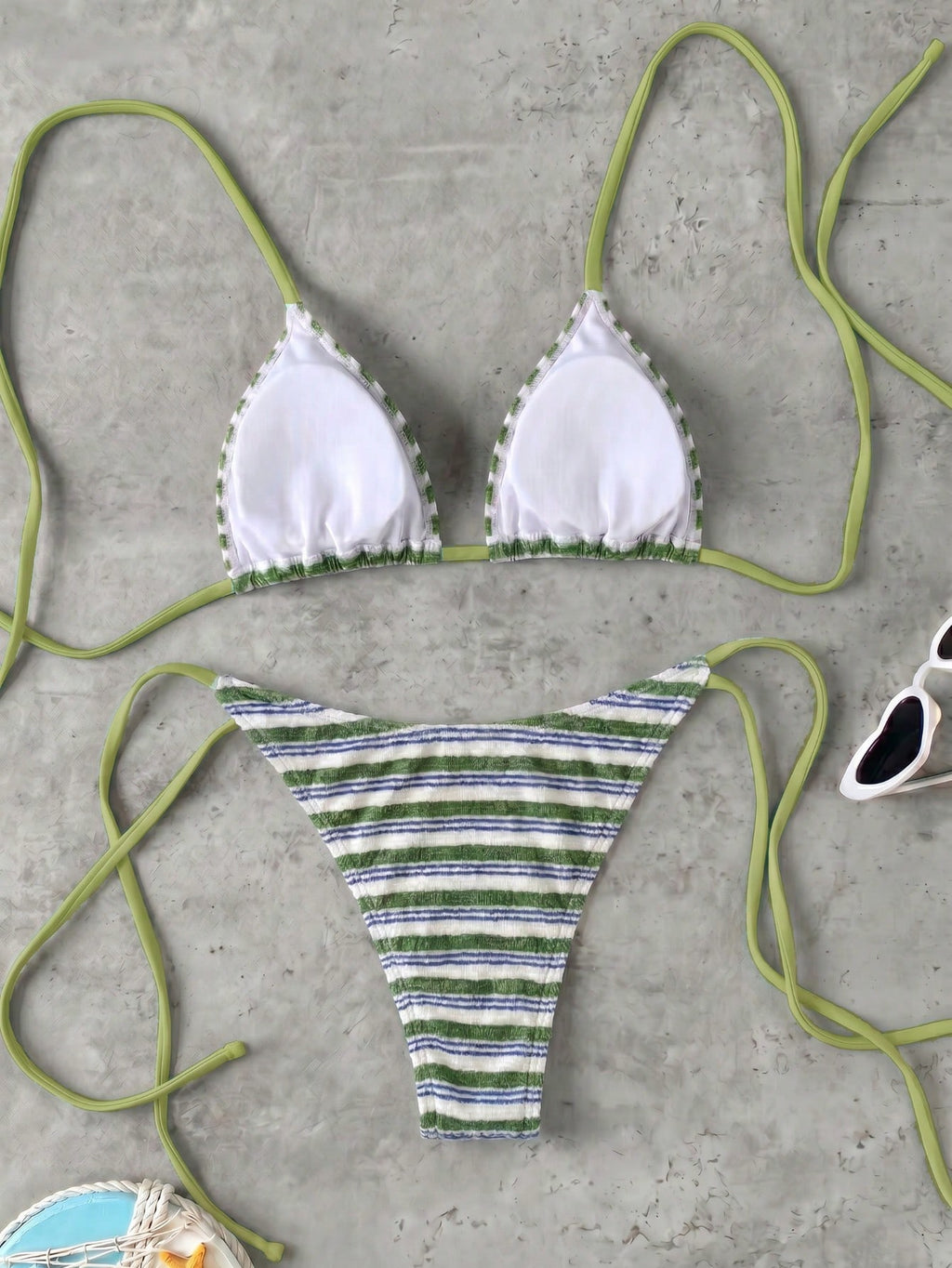 Retro Navy Blue & Black Striped Spaghetti Strap Tie Bikini Set, Sexy