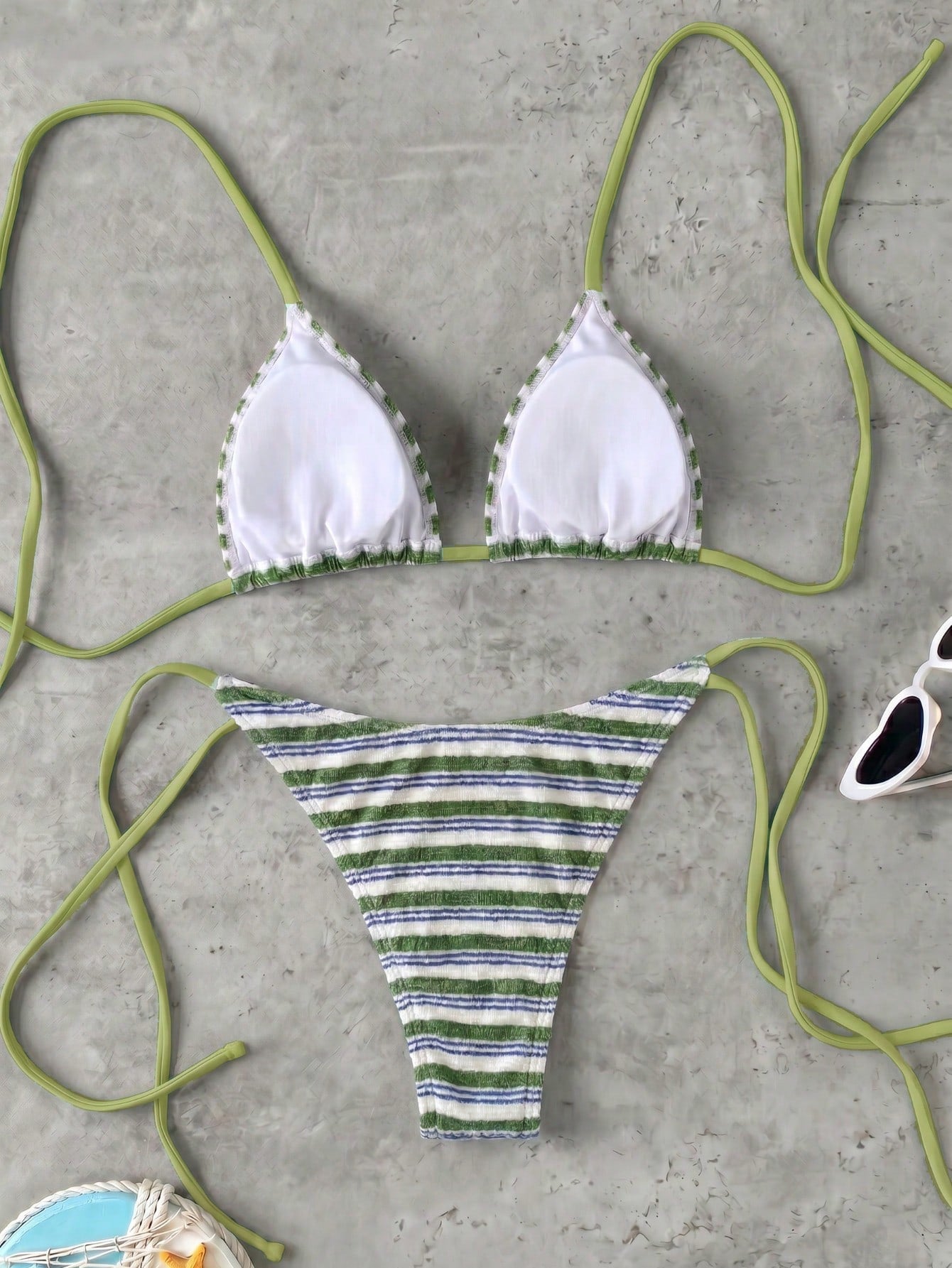 Retro Navy Blue & Black Striped Spaghetti Strap Tie Bikini Set, Sexy