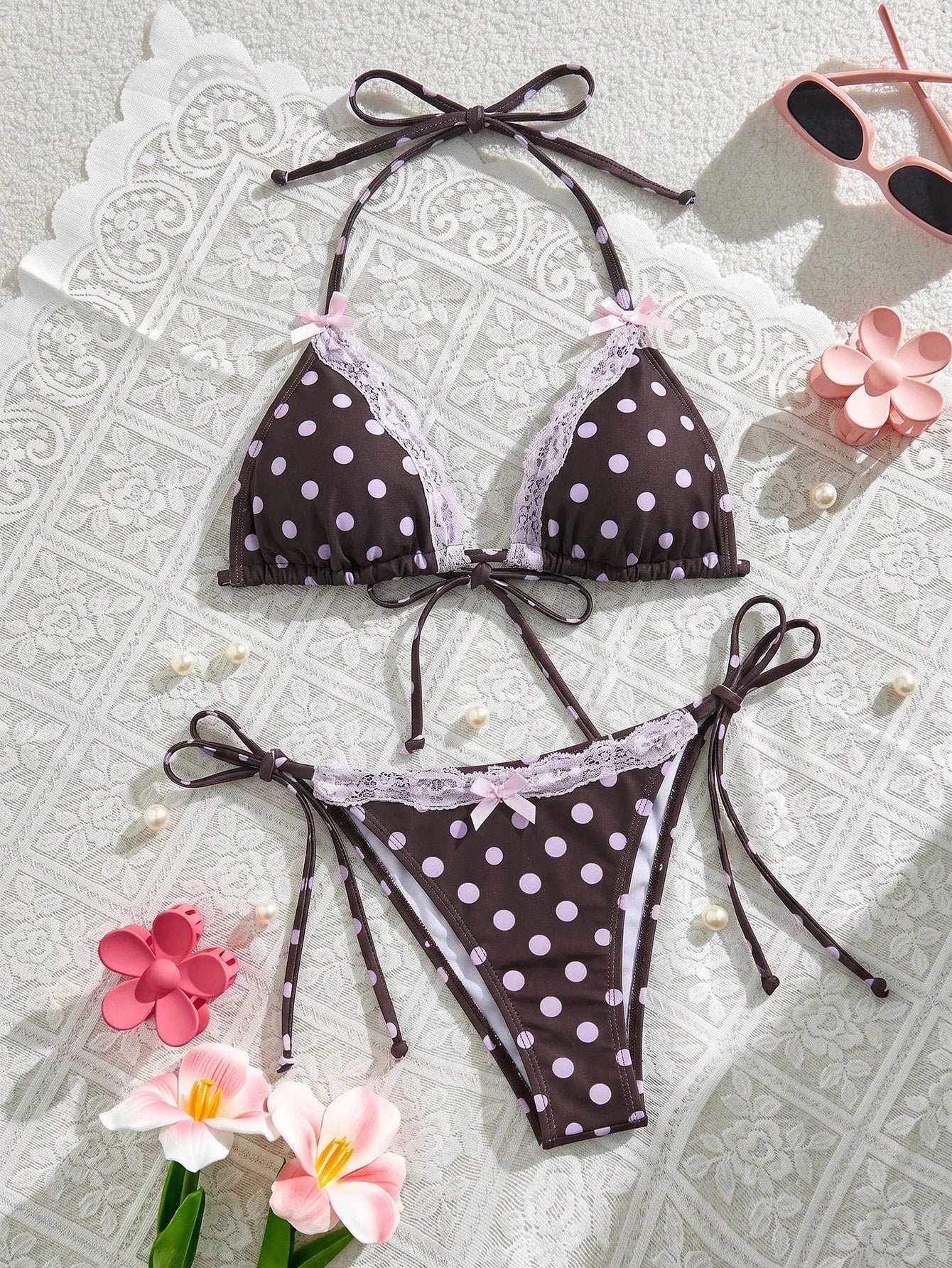 Swim Mod Sexy & Cute Lace Bow Accent Triangle Bikini For Bikini Party