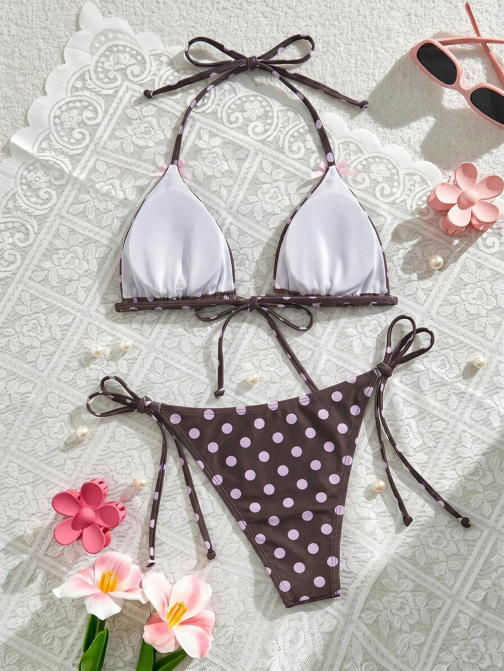 Swim Mod Sexy & Cute Lace Bow Accent Triangle Bikini For Bikini Party