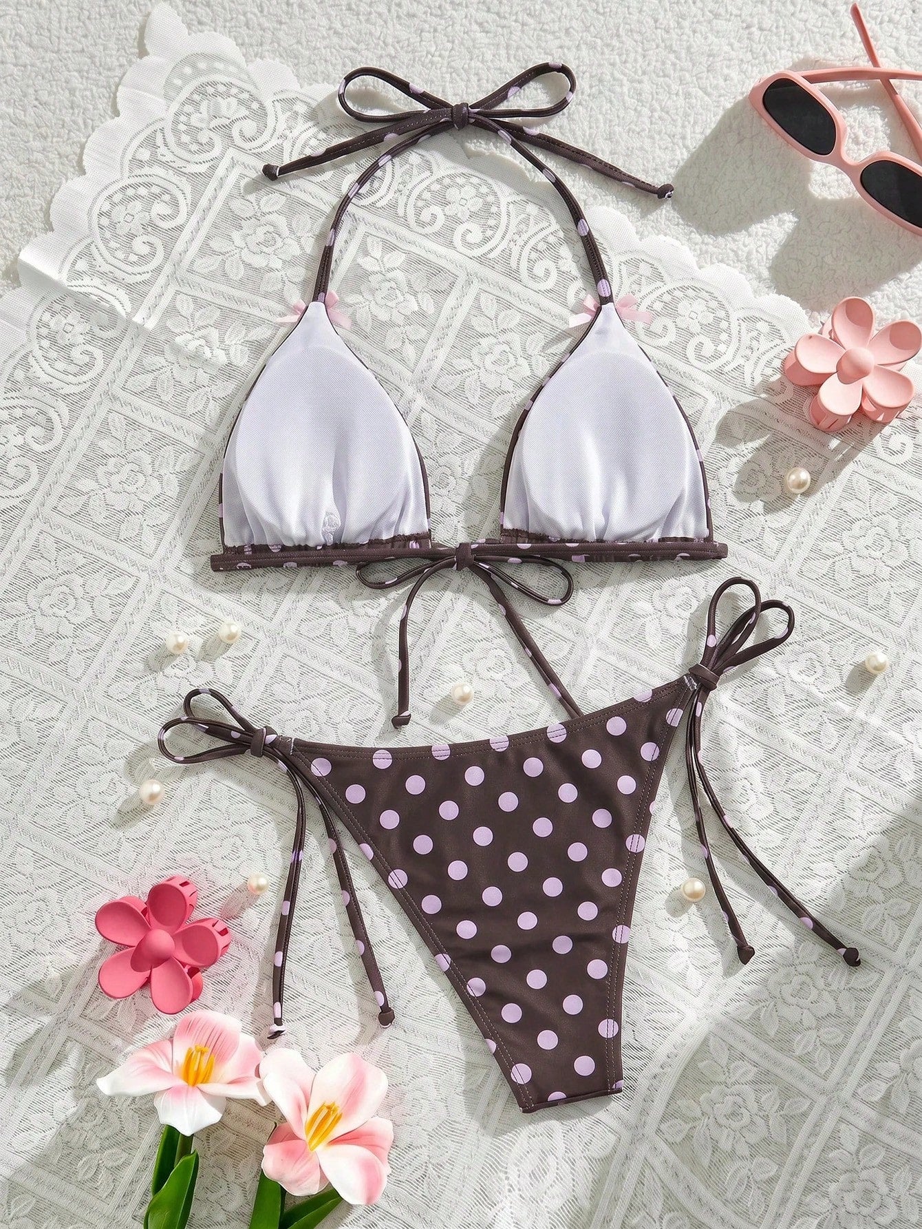 Swim Mod Sexy & Cute Lace Bow Accent Triangle Bikini For Bikini Party