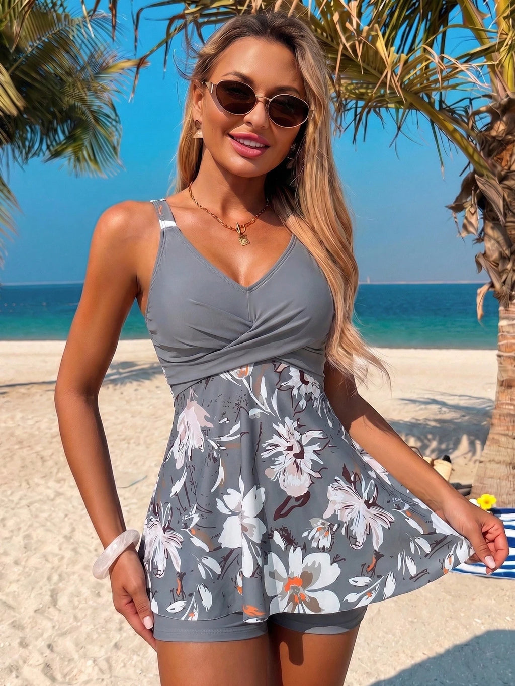 Women's Floral Print V-Neck Tankini Set With Swim Shorts, Casual Summer High Stretch Beachwear