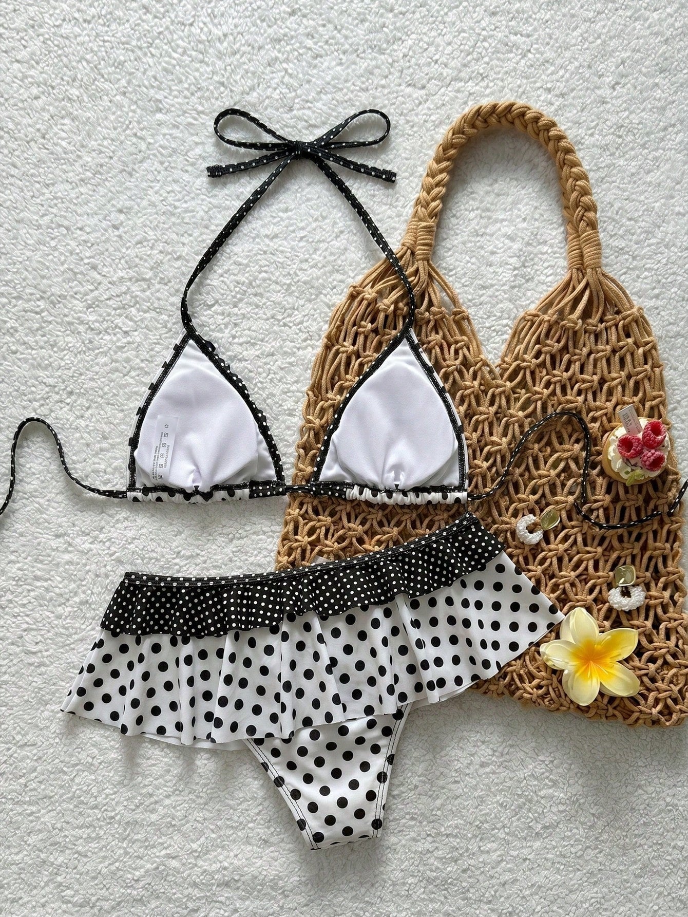 Swim Mod New Polka Dot Print Ruffled Halter Two Pieces Bikini Set,