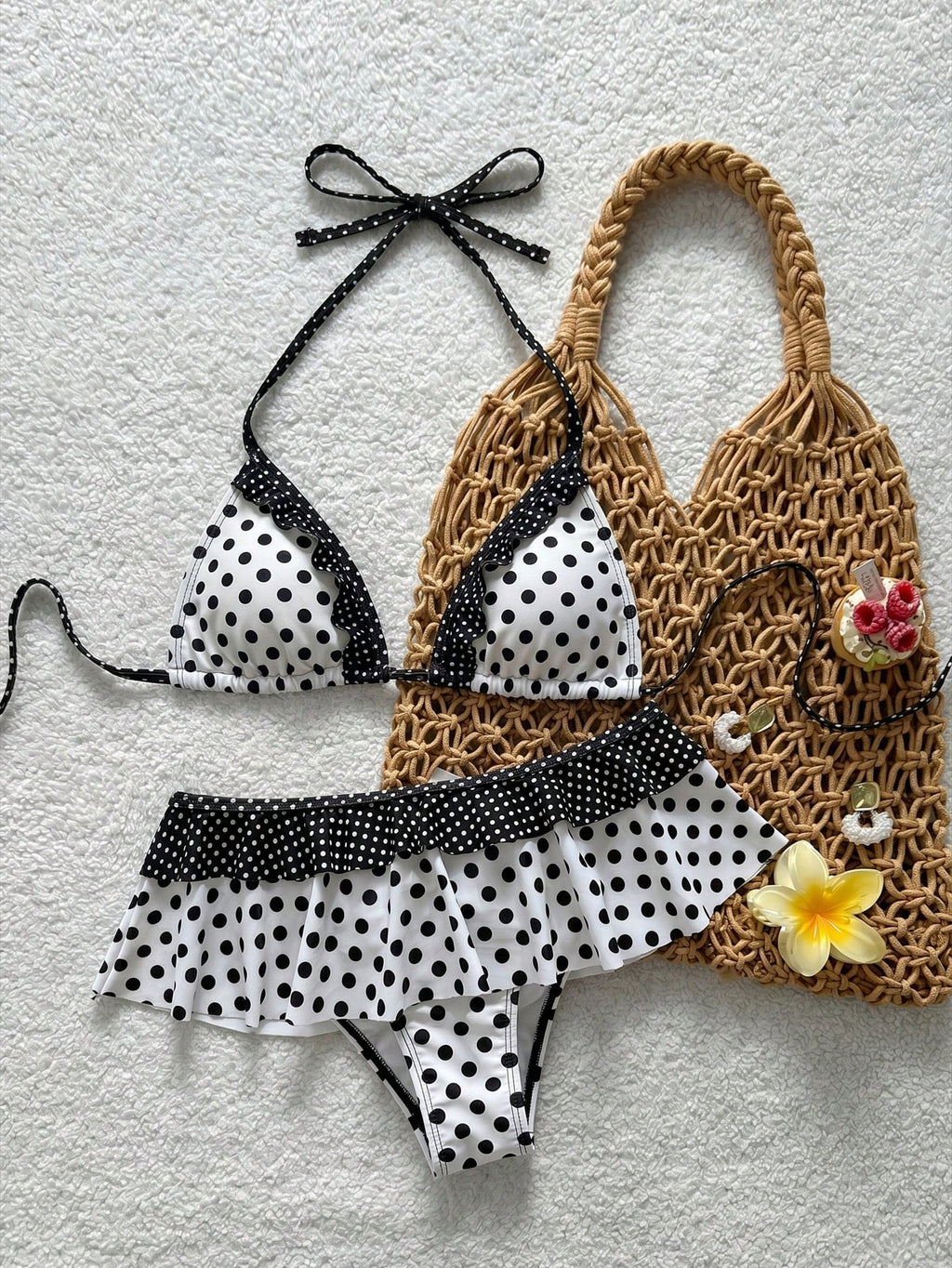 Swim Mod New Polka Dot Print Ruffled Halter Two Pieces Bikini Set,