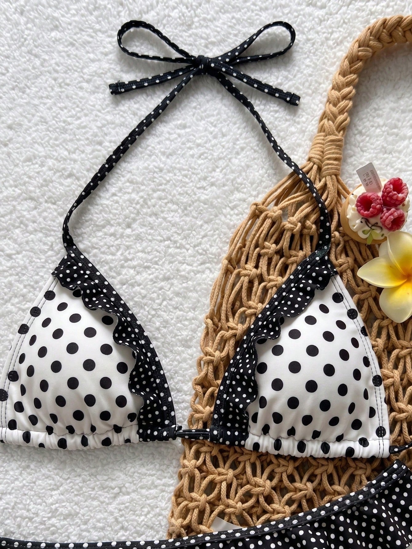 Swim Mod New Polka Dot Print Ruffled Halter Two Pieces Bikini Set,