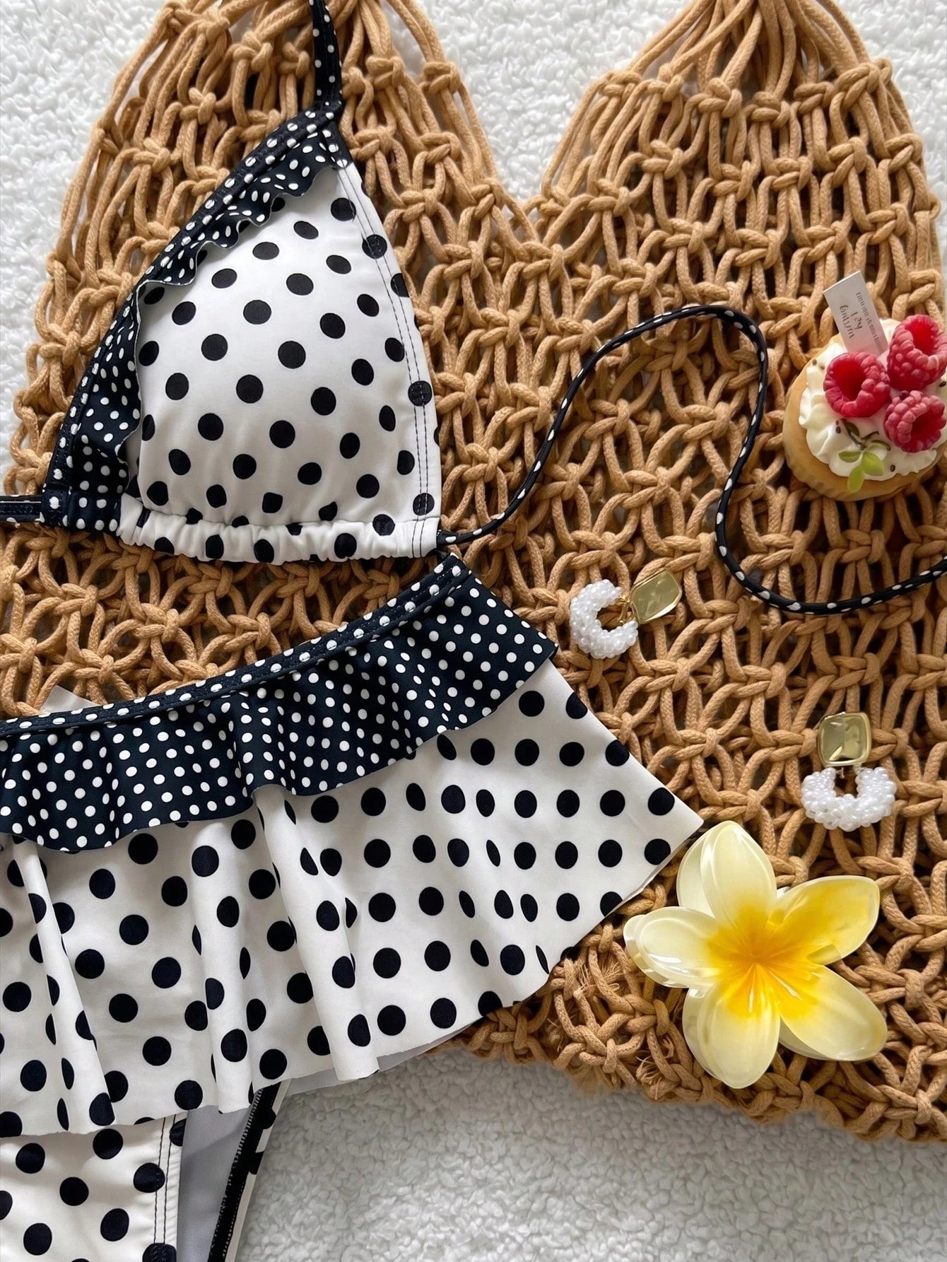 Swim Mod New Polka Dot Print Ruffled Halter Two Pieces Bikini Set,