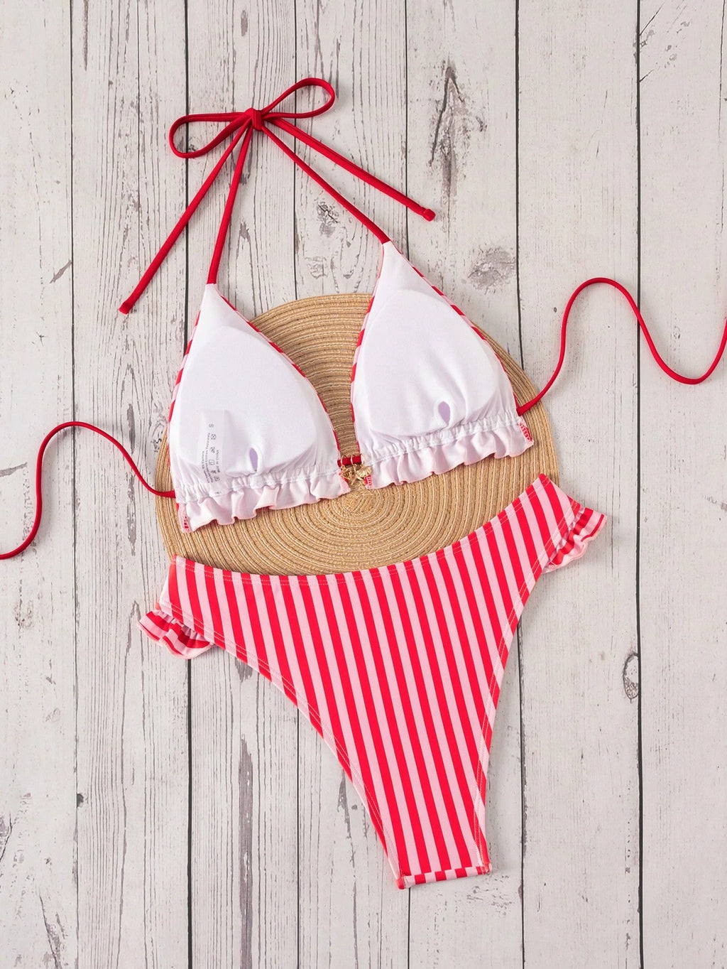 Swim Mod Women's Summer New Beach Vacation Casual Sweet Textured Colorblock Striped Fabric Cute Floral Trim - image 19