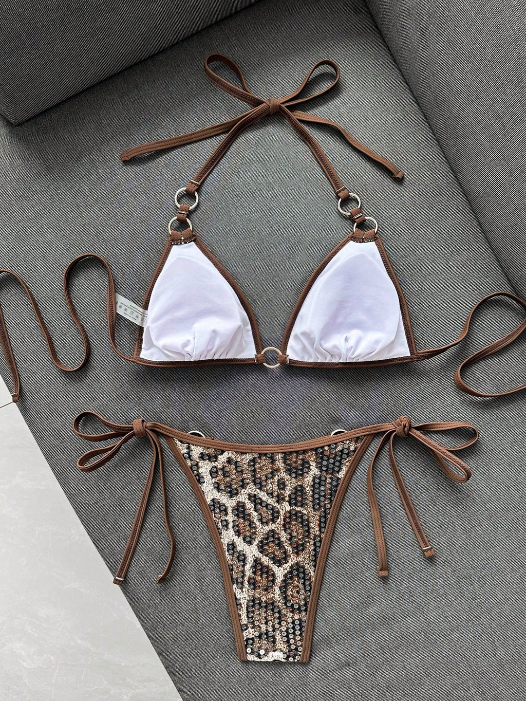 Bonvoyette New Women's Beach Pool Party Vacation Fashion Sexy Casual Leopard Print Sequin Design Metal Ring - image 2