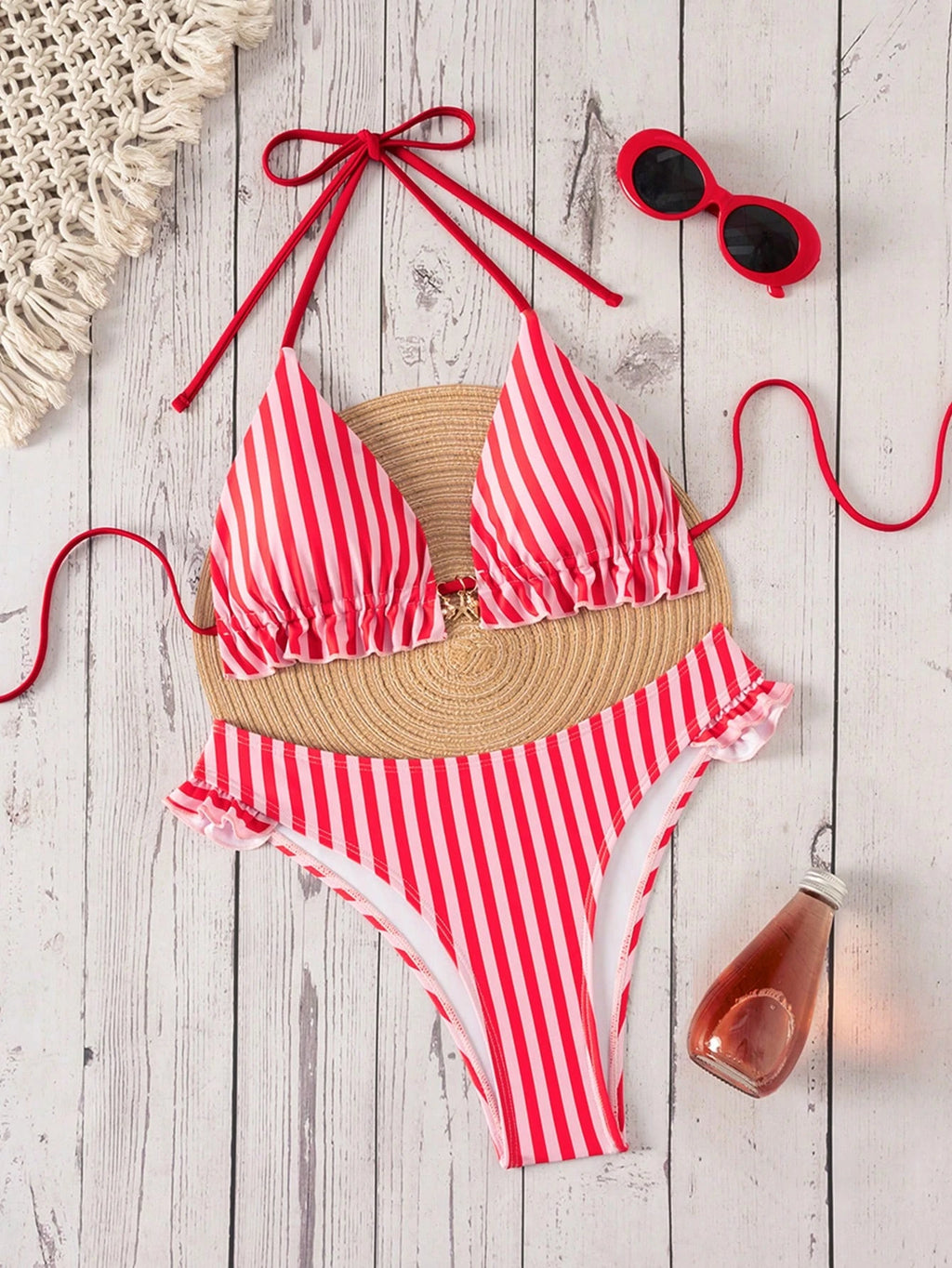 Swim Mod Women's Summer New Beach Vacation Casual Sweet Textured Colorblock Striped Fabric Cute Floral Trim - image 20