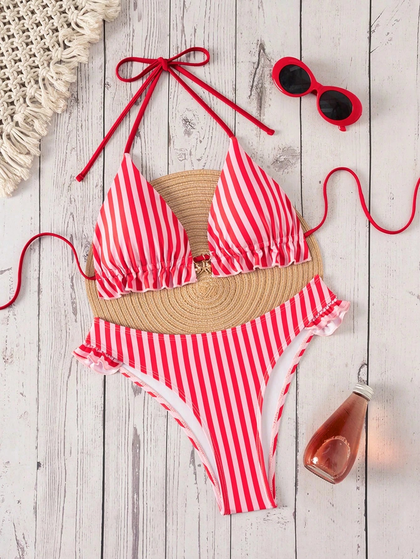 Swim Mod Women's Summer New Beach Vacation Casual Sweet Textured Colorblock Striped Fabric Cute Floral Trim - image 20
