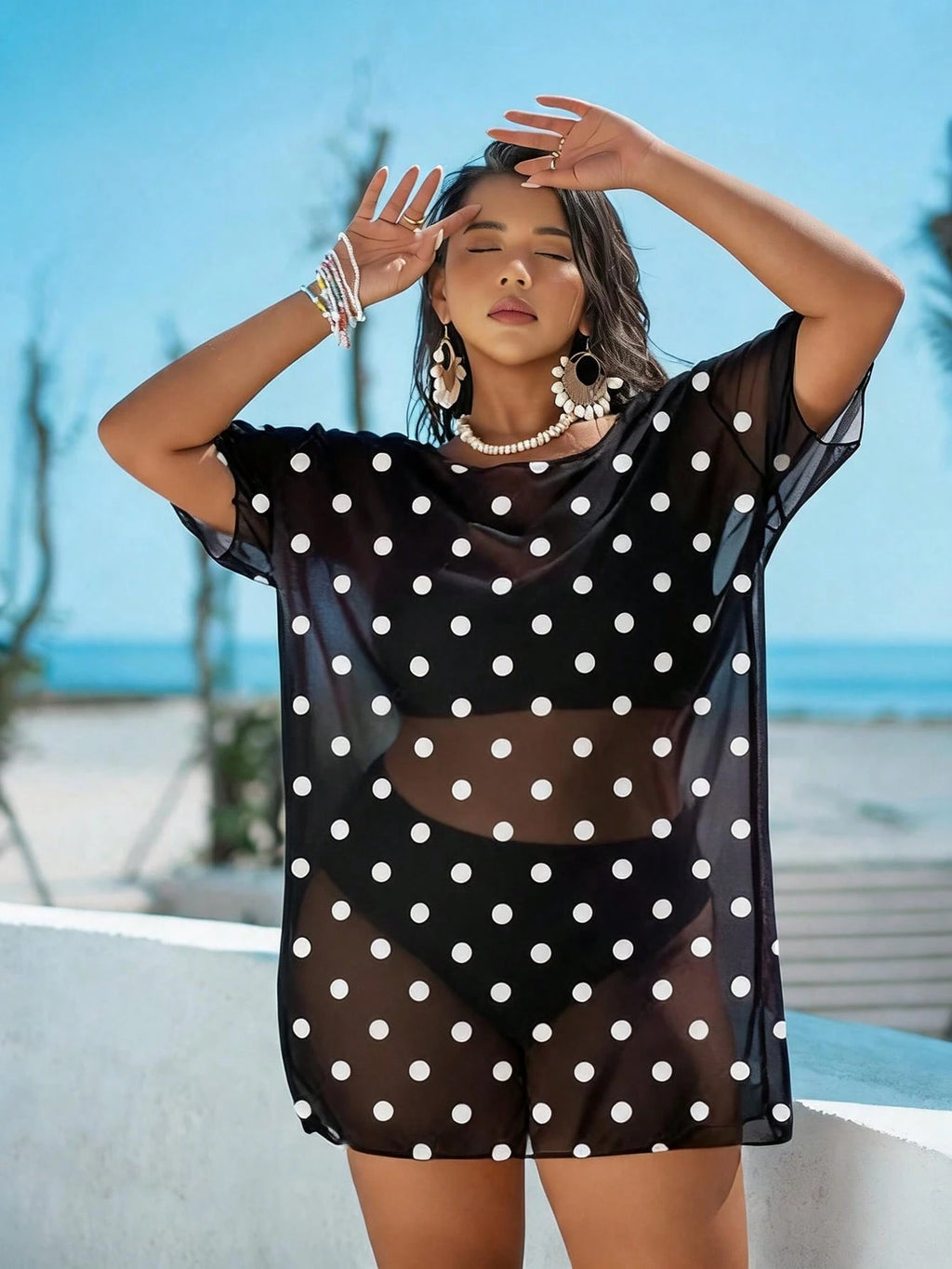 Swim Lushoire Plus Size Women Loose Mesh Print Short Sleeve Beach Cover-Up Pullover For Summer Beach Vacation