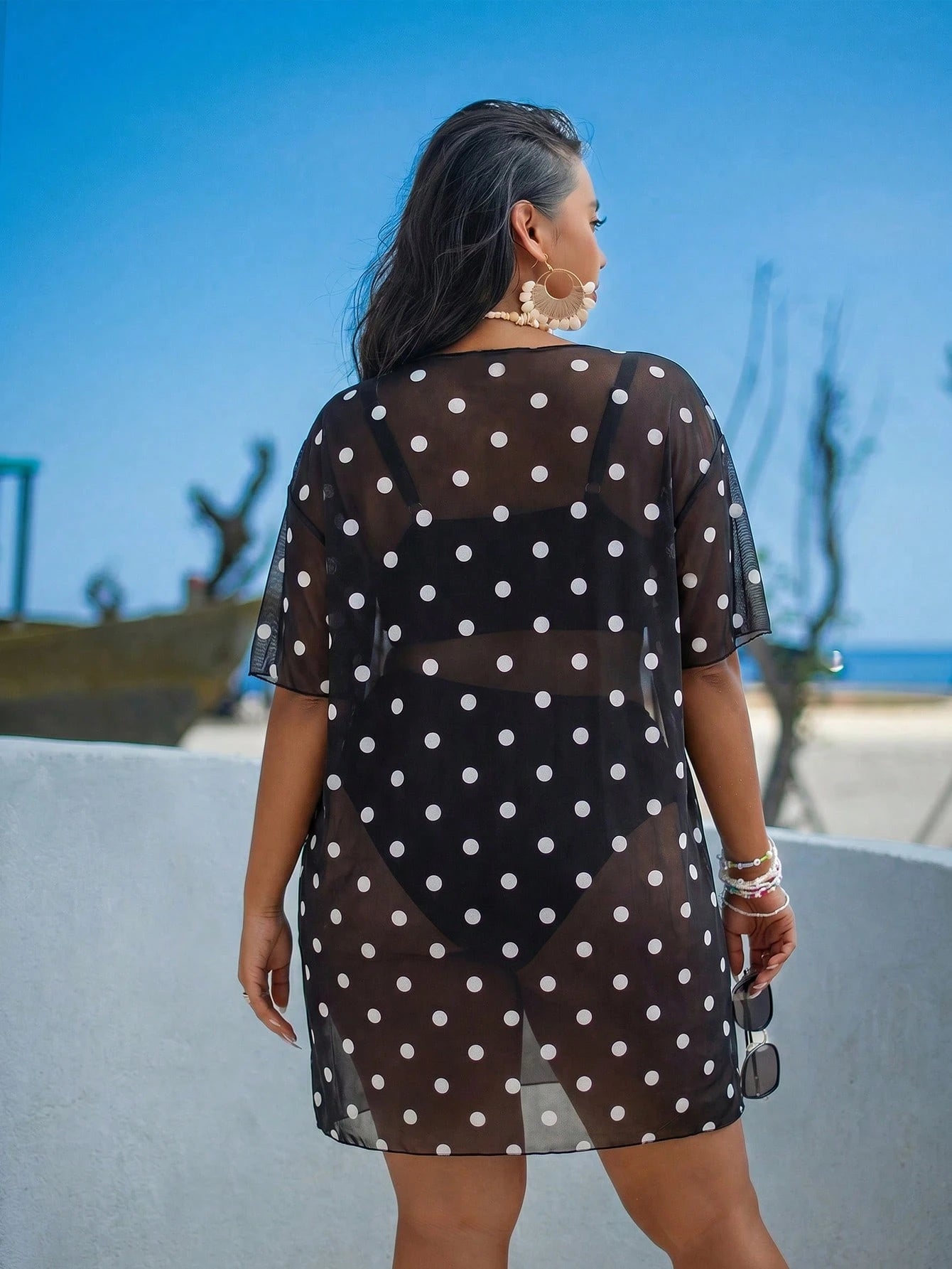 Swim Lushoire Plus Size Women Loose Mesh Print Short Sleeve Beach Cover-Up Pullover For Summer Beach Vacation - image 2