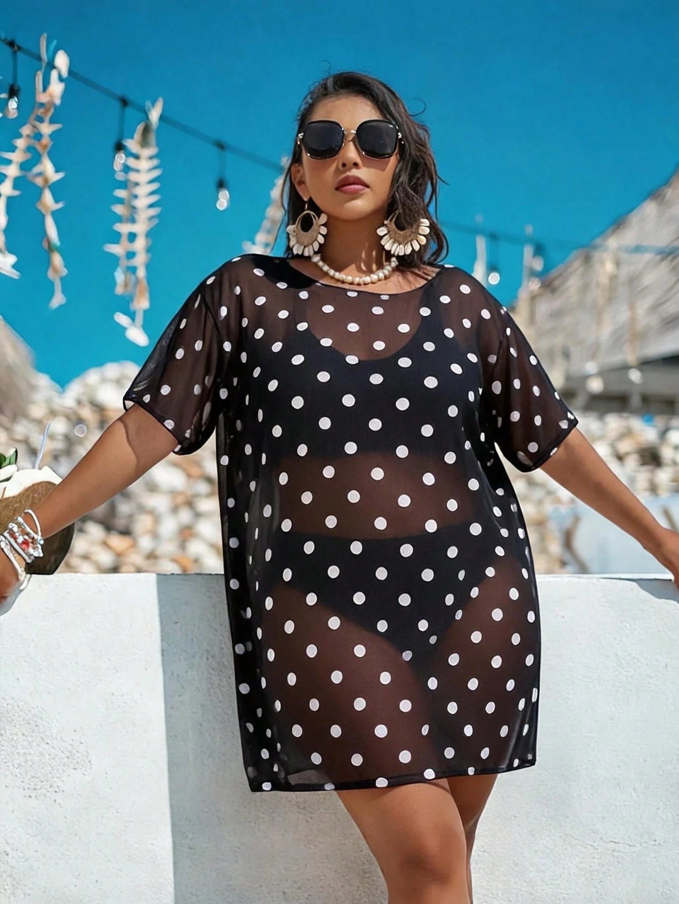 Swim Lushoire Plus Size Women Loose Mesh Print Short Sleeve Beach Cover-Up Pullover For Summer Beach Vacation - image 3