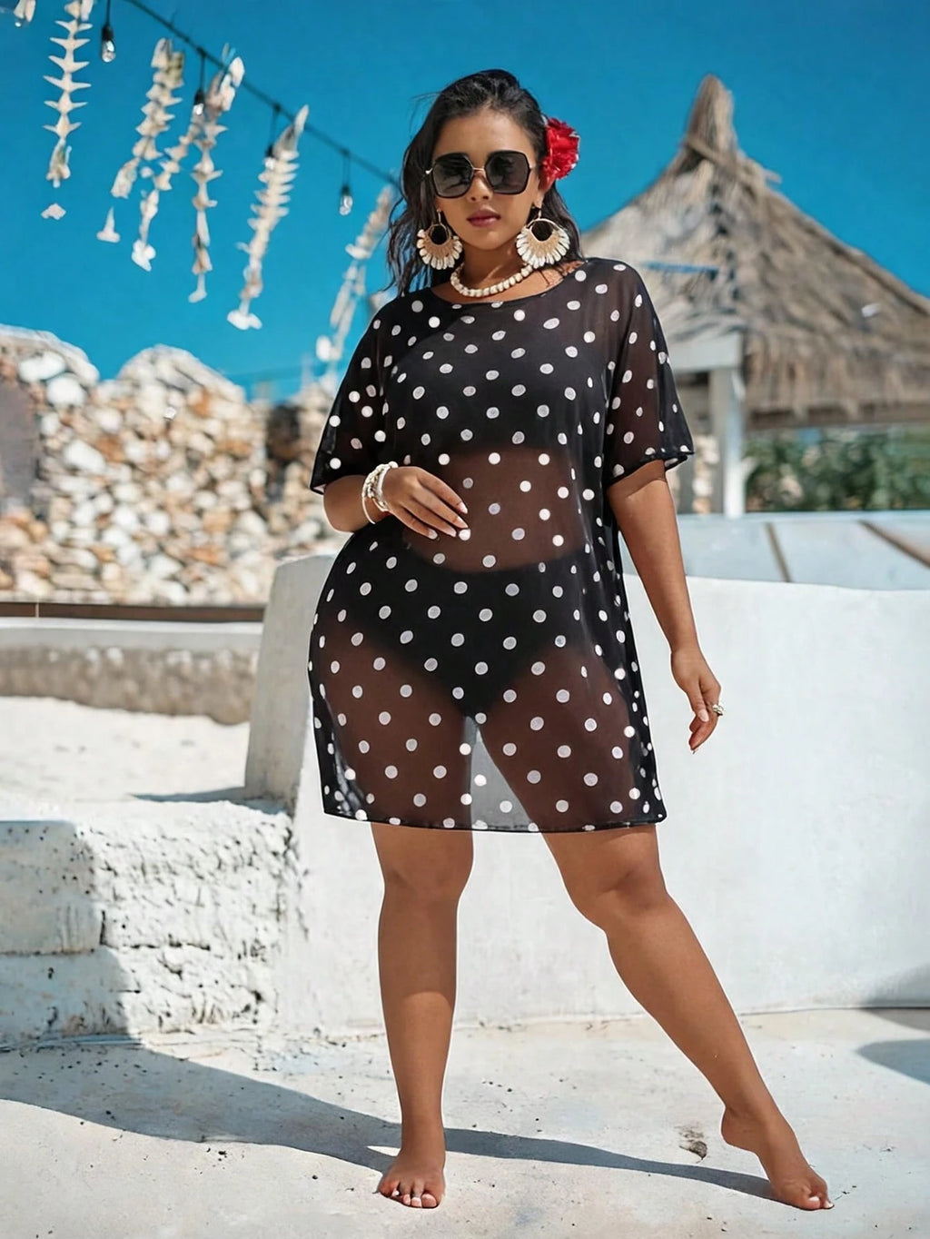 Swim Lushoire Plus Size Women Loose Mesh Print Short Sleeve Beach Cover-Up Pullover For Summer Beach Vacation - image 4
