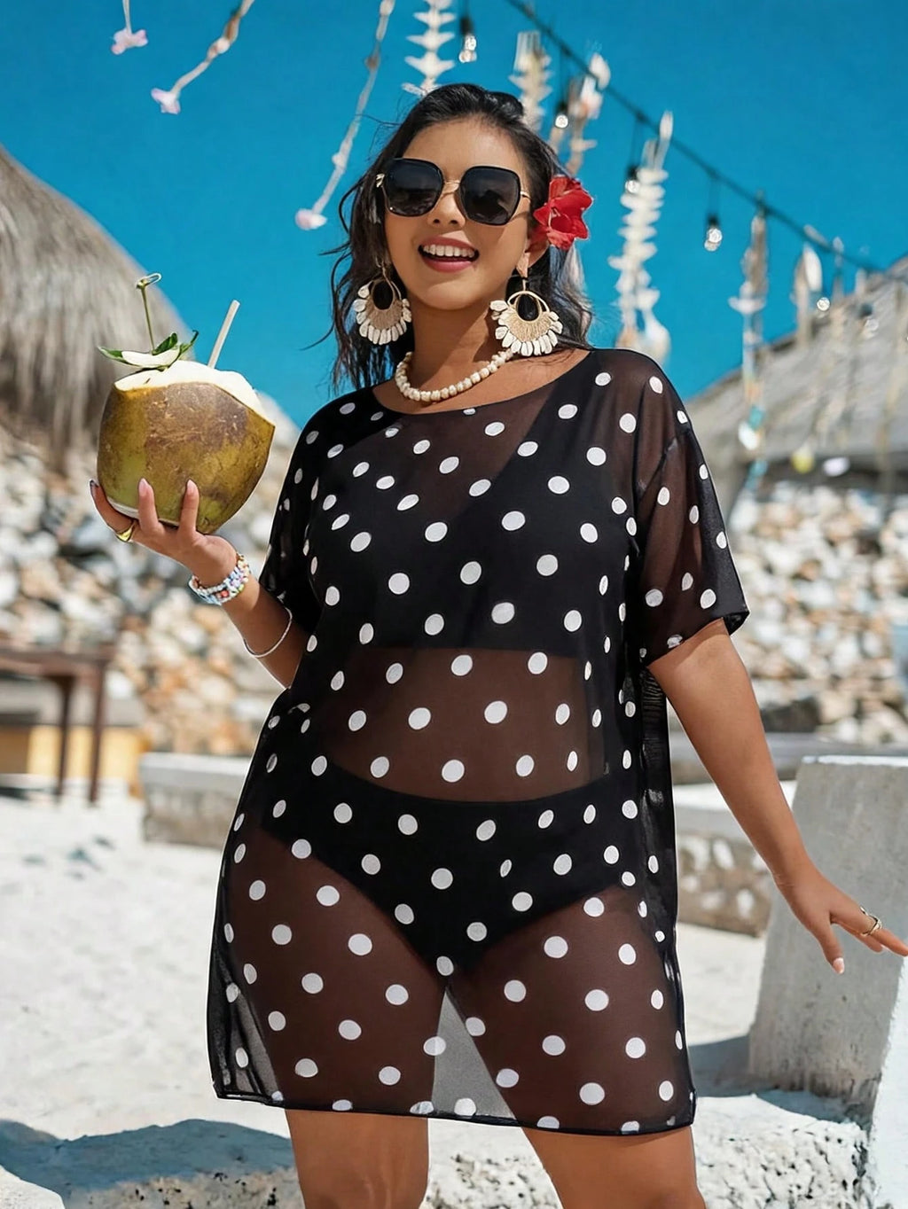Swim Lushoire Plus Size Women Loose Mesh Print Short Sleeve Beach Cover-Up Pullover For Summer Beach Vacation - image 5
