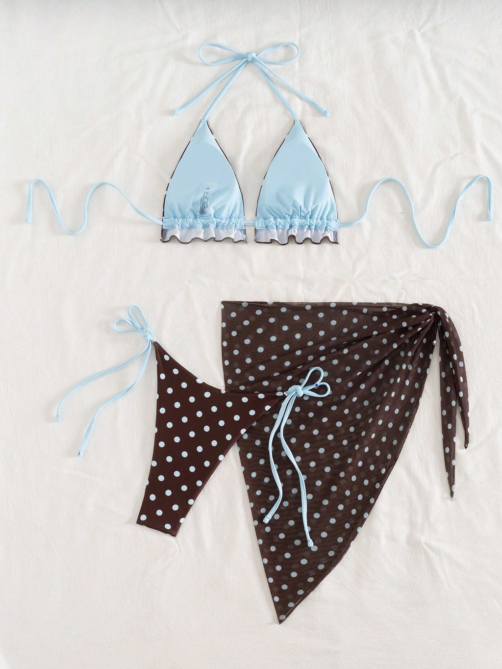Swim SXY Summer Beach Tie Dye Bikini Set Frill Trim Halter Triangle Bra & Thong Bottom & Beach Skirt 3 Piece - image 2