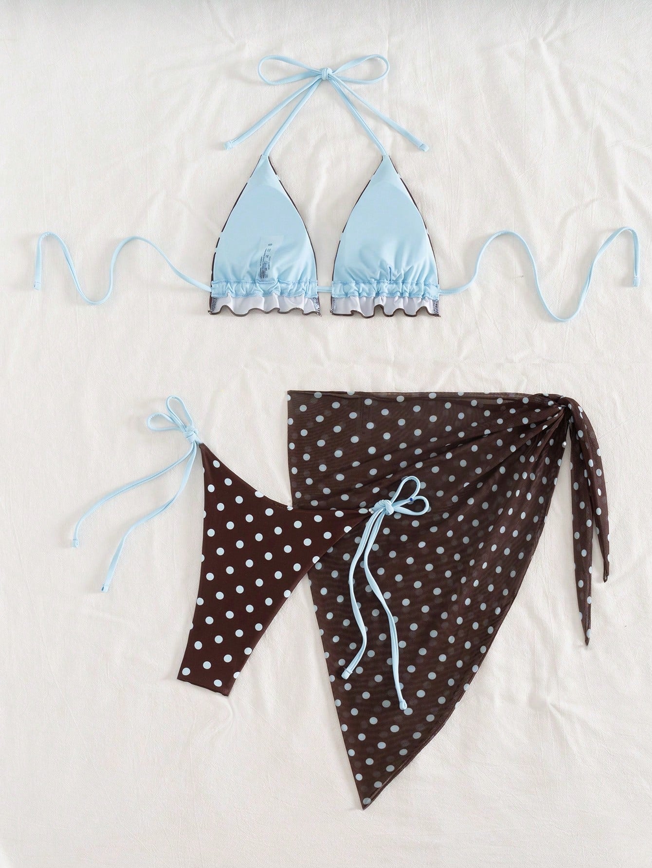 Swim SXY Summer Beach Tie Dye Bikini Set Frill Trim Halter Triangle Bra & Thong Bottom & Beach Skirt 3 Piece - image 2