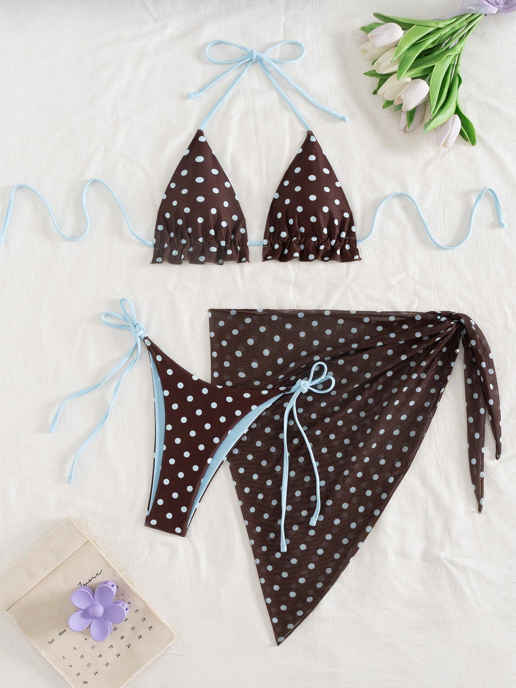 Swim SXY Summer Beach Tie Dye Bikini Set Frill Trim Halter Triangle Bra & Thong Bottom & Beach Skirt 3 Piece