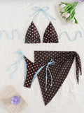 Swim SXY Summer Beach Tie Dye Bikini Set Frill Trim Halter Triangle Bra & Thong Bottom & Beach Skirt 3 Piece