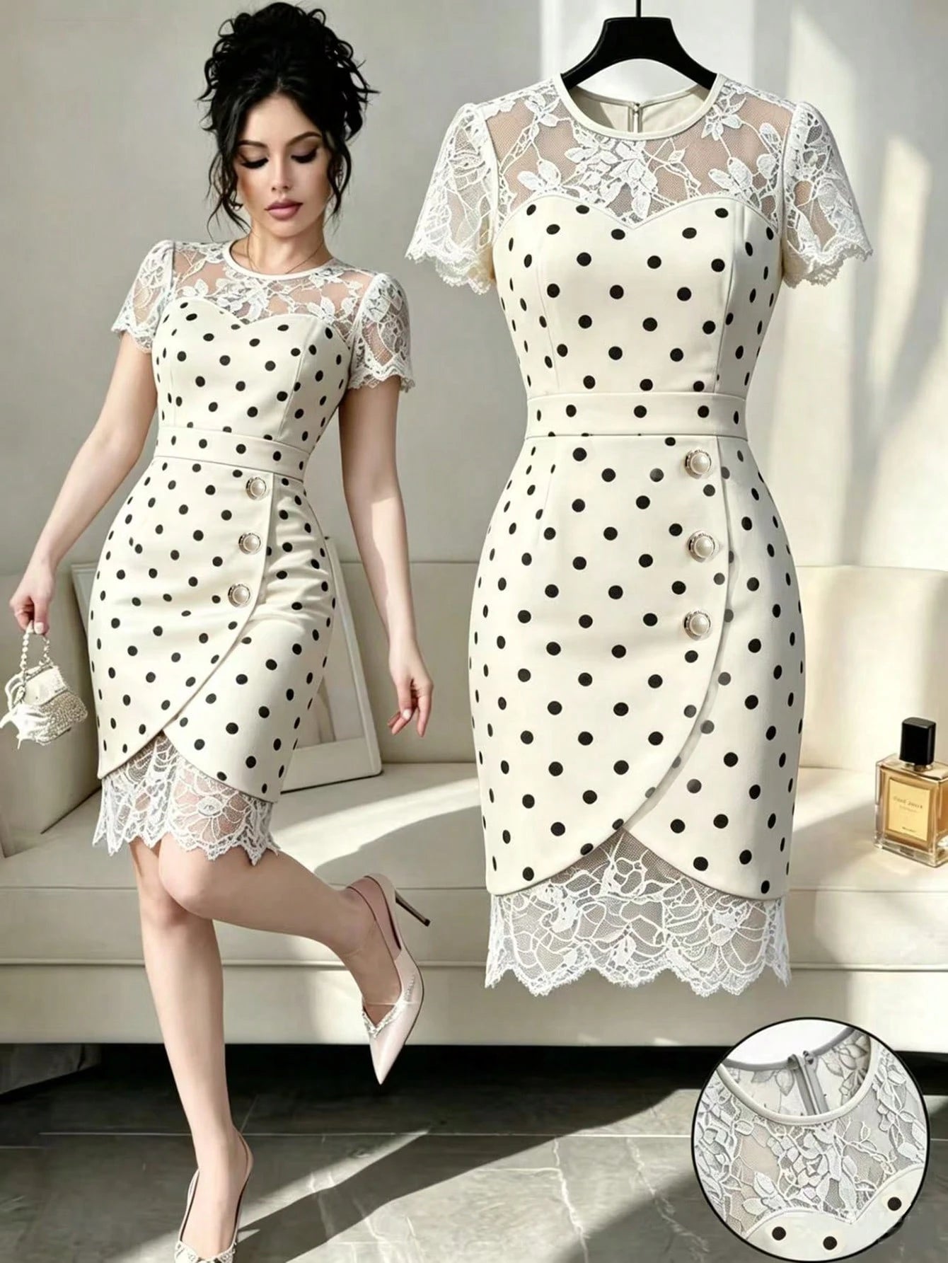 GlowEve Spring/Summer New Elegant Fitted Contrast Lace Sheer Heart Neck Low-Cut Waist Bodycon Mini Dress For - image 17