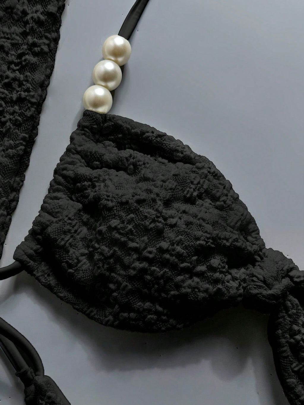 Bonvoyette Swim 3pcs/Set Asymmetrical Pearl Decor Bandeau Bikini,Ruched Front Sk