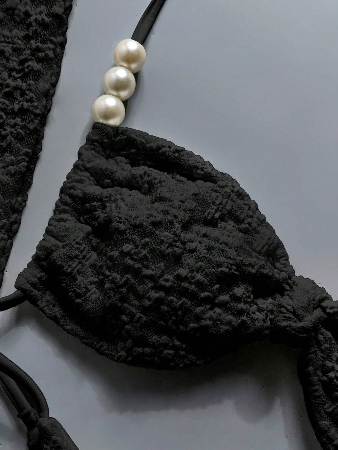 Bonvoyette Swim 3pcs/Set Asymmetrical Pearl Decor Bandeau Bikini,Ruched Front Sk