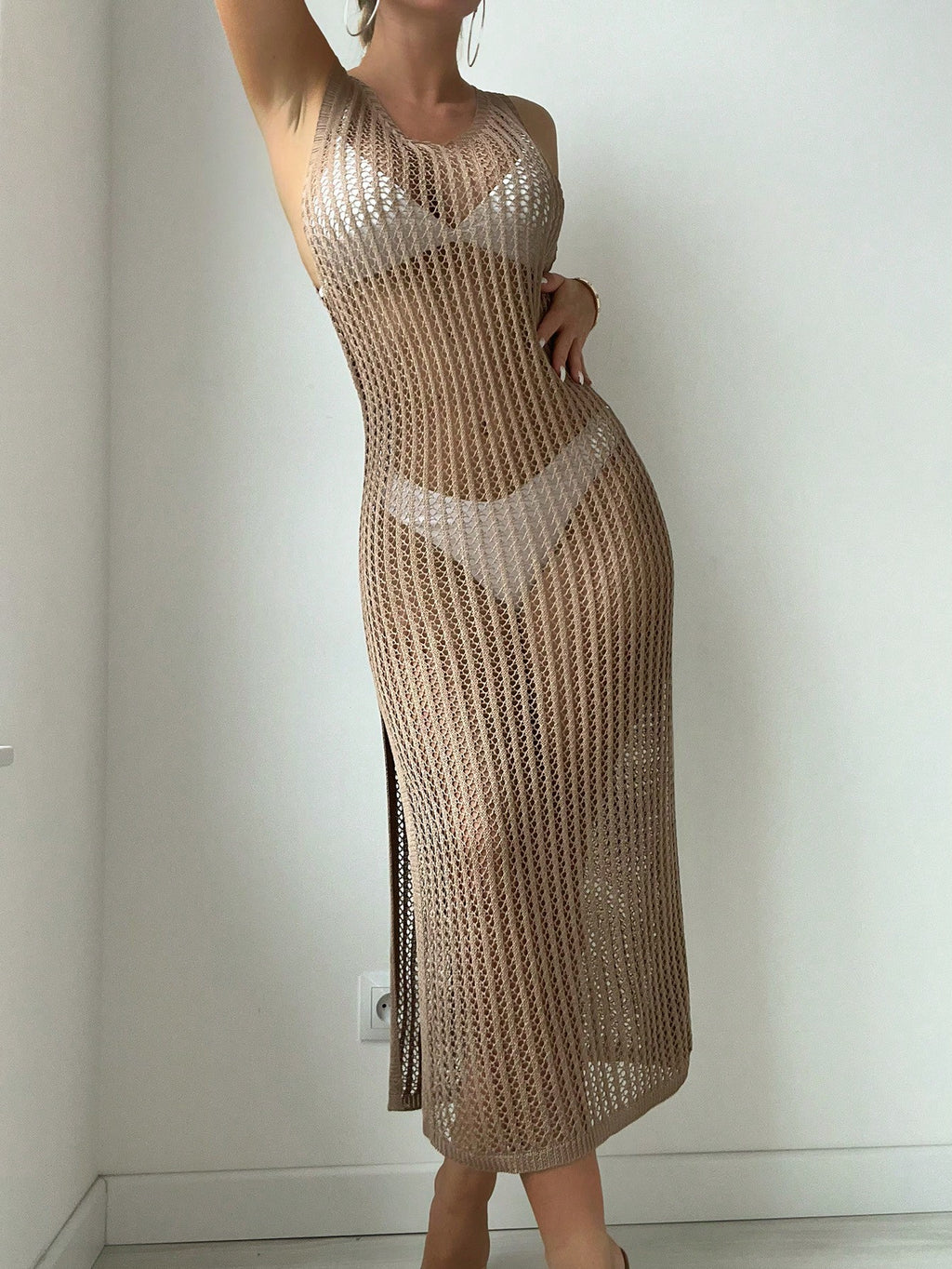 Swim Summer Beach Hollow Out Split Thigh Cover Up Dress Without Bikini Set Semi-Sheer Dress - image 15