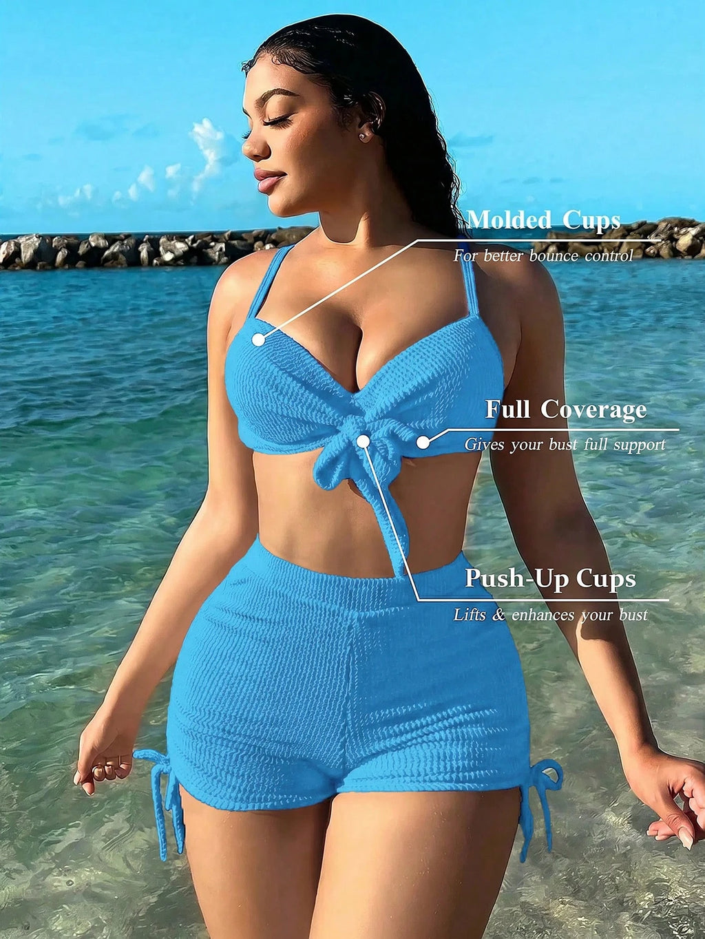 Swim SXY Women's Solid Color Front Knot Fashionable Bikini Set, Summer Beach Vacation White Casual - image 17