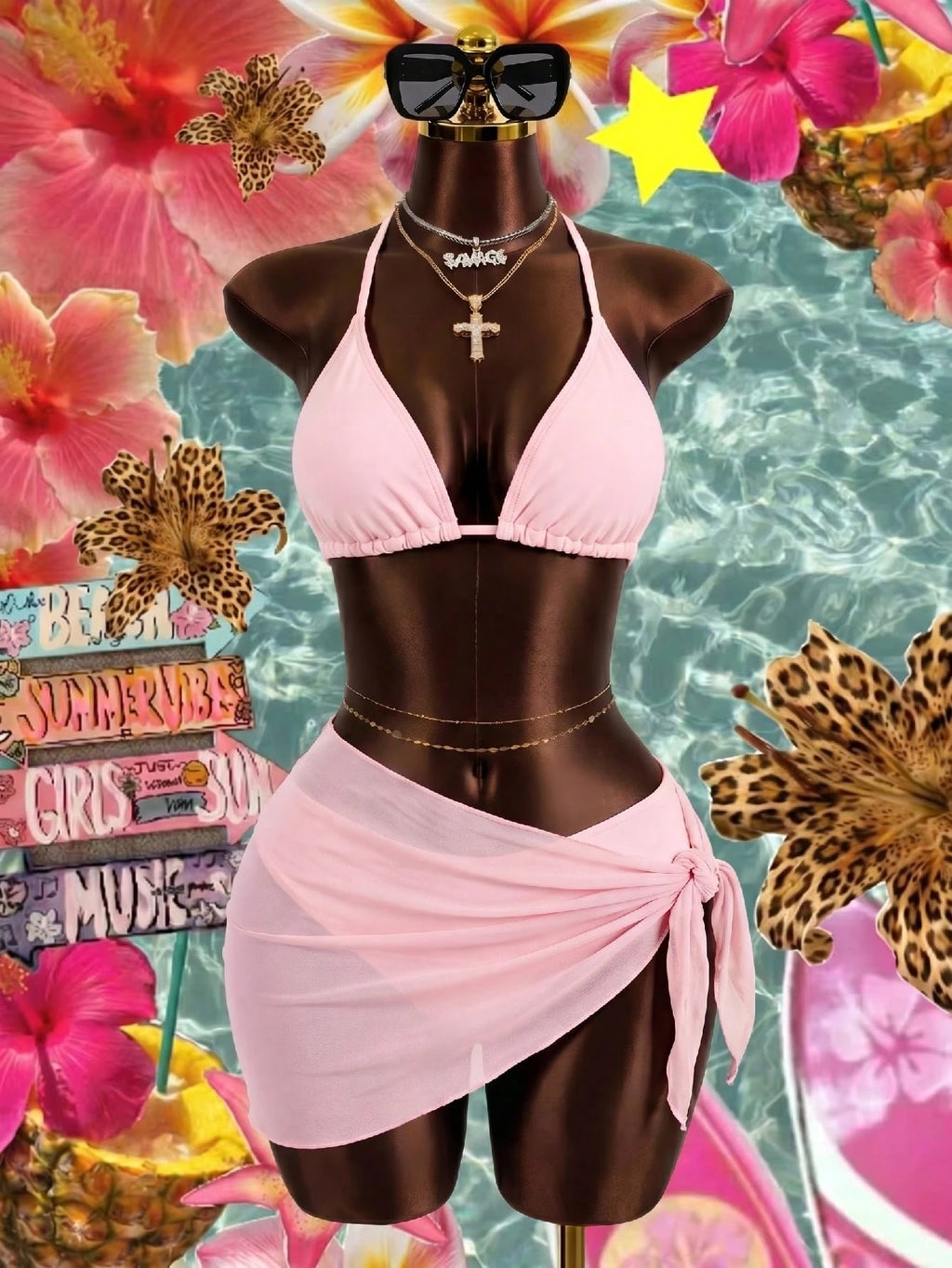 Zestiva 3pcs/Set Solid Color Textured Bikini Swimwear For Beach