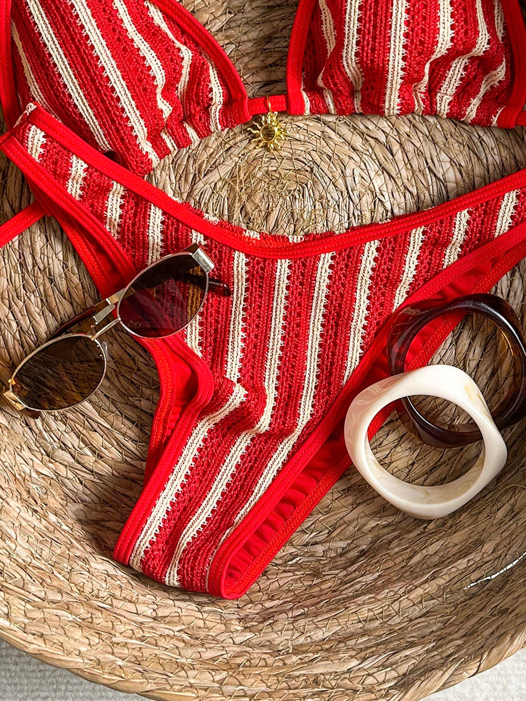 Swim Mod Swim Basics 2-Piece Spring/Summer Beach Vacation Textured Fabric Gold Sun Accessory Halter Triangle - image 7