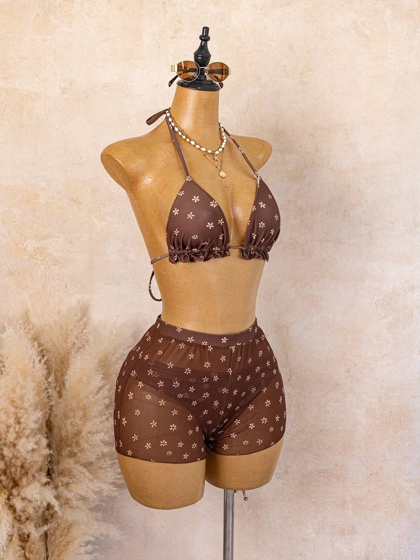 2026 Women's 3-Piece Floral Bikini Set - Triangle Top With Ruffle Hem
