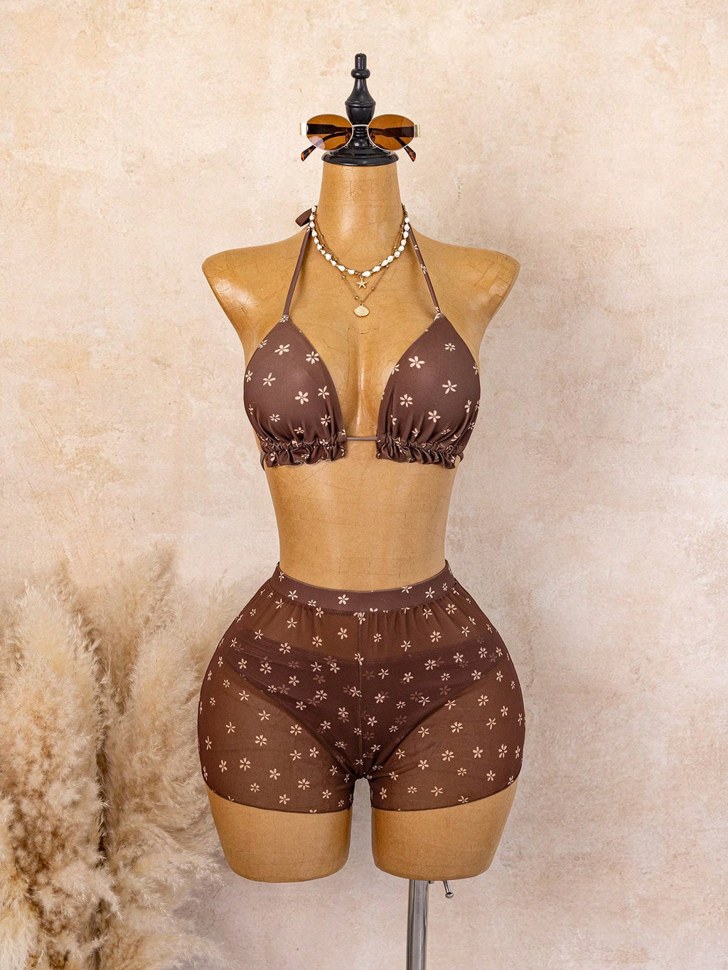 2026 Women's 3-Piece Floral Bikini Set - Triangle Top With Ruffle Hem