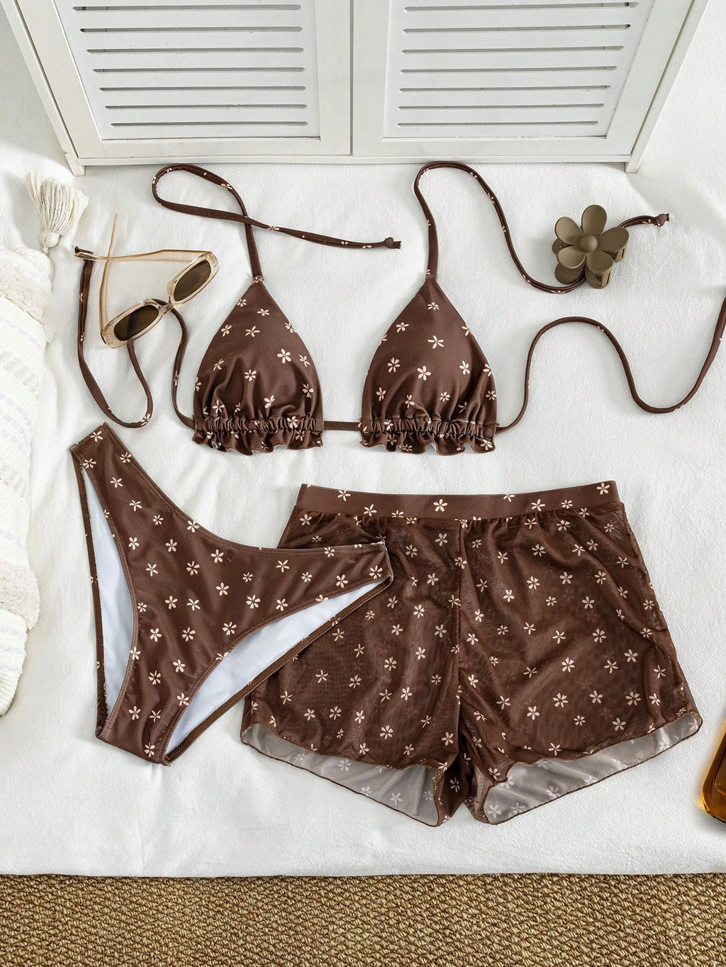 2026 Women's 3-Piece Floral Bikini Set - Triangle Top With Ruffle Hem