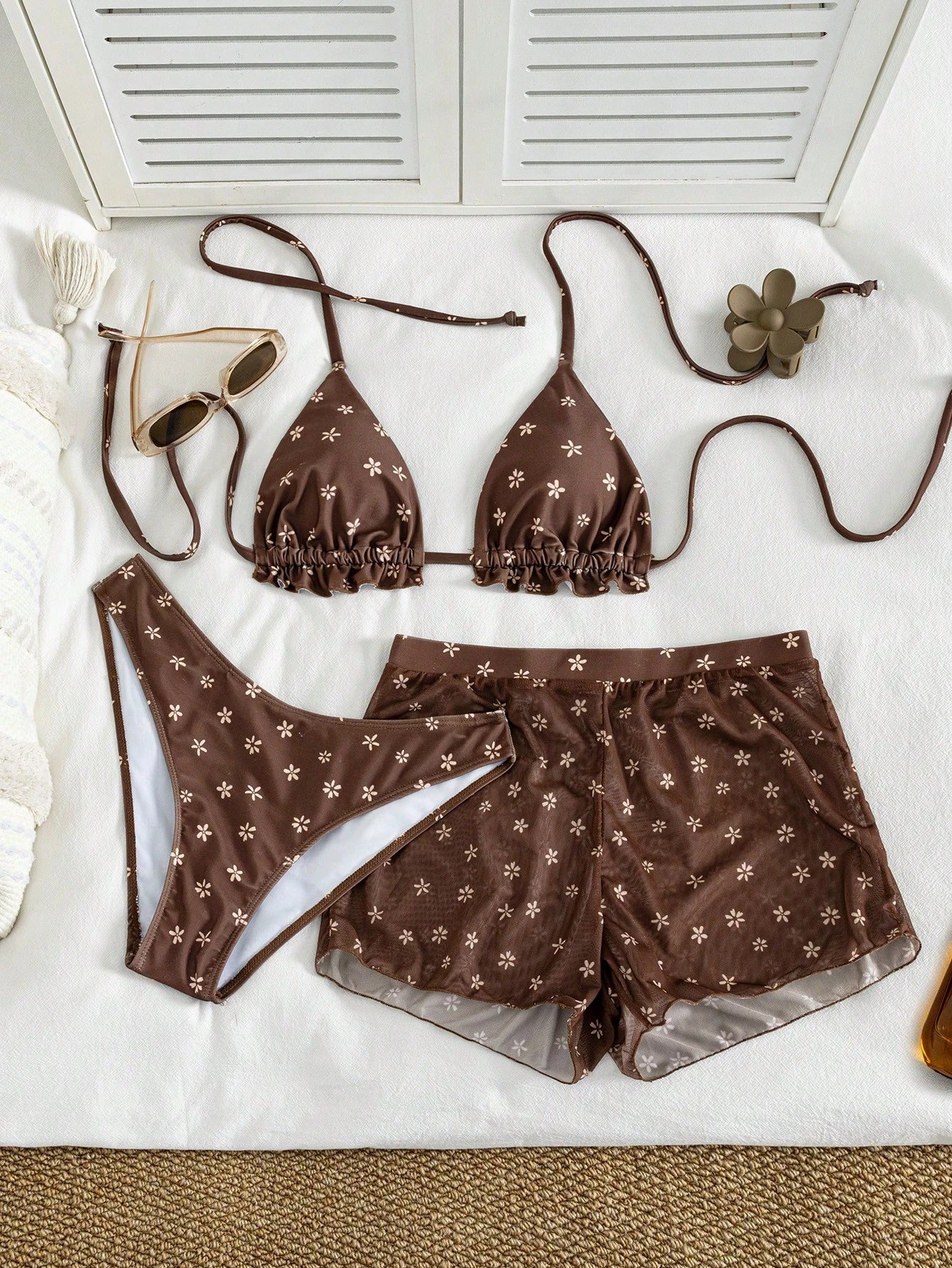 2026 Women's 3-Piece Floral Bikini Set - Triangle Top With Ruffle Hem