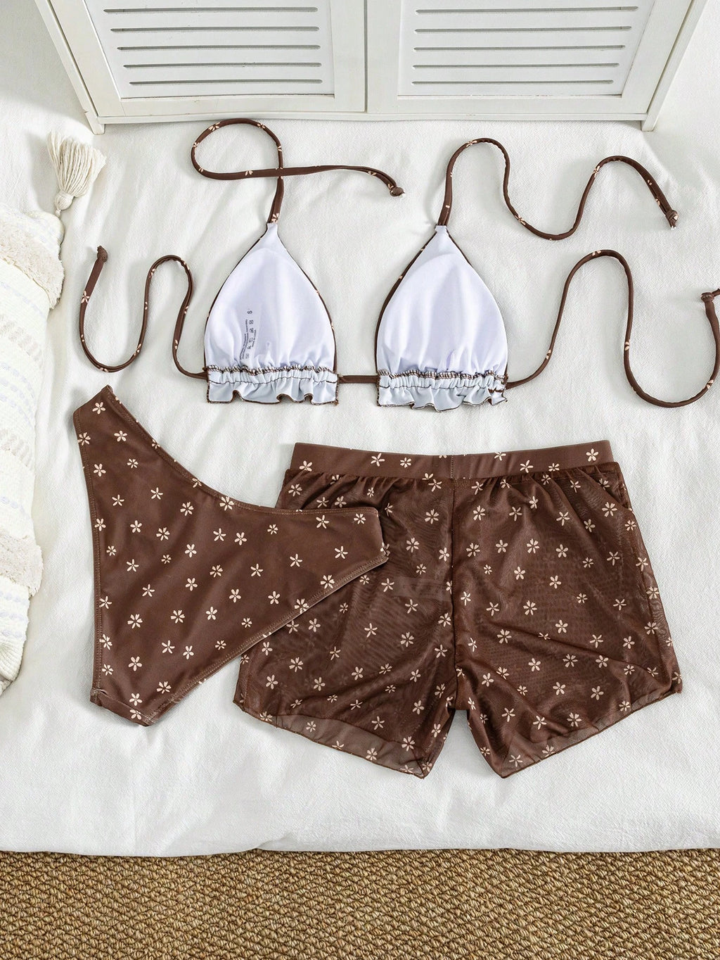 2026 Women's 3-Piece Floral Bikini Set - Triangle Top With Ruffle Hem