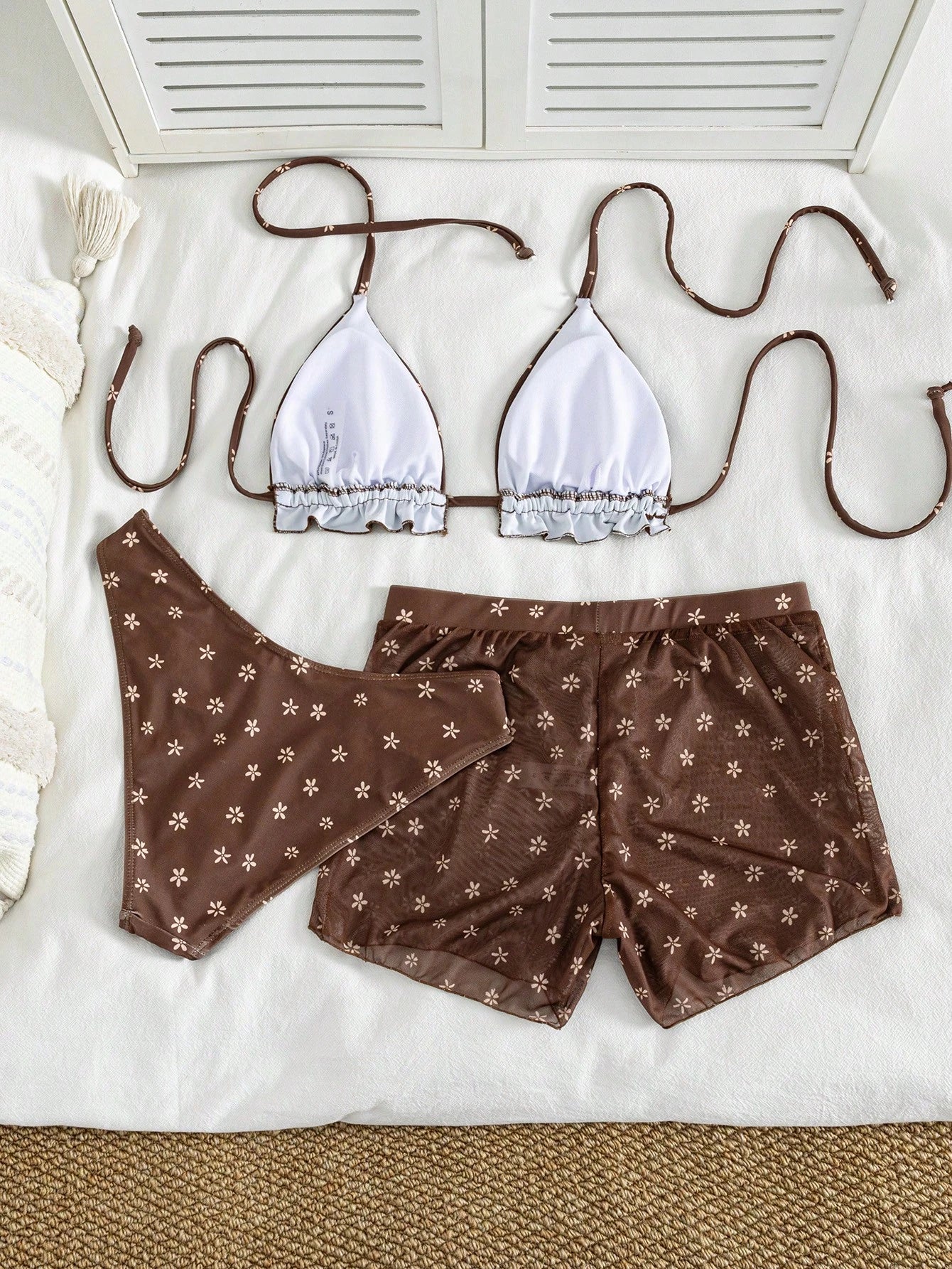2026 Women's 3-Piece Floral Bikini Set - Triangle Top With Ruffle Hem
